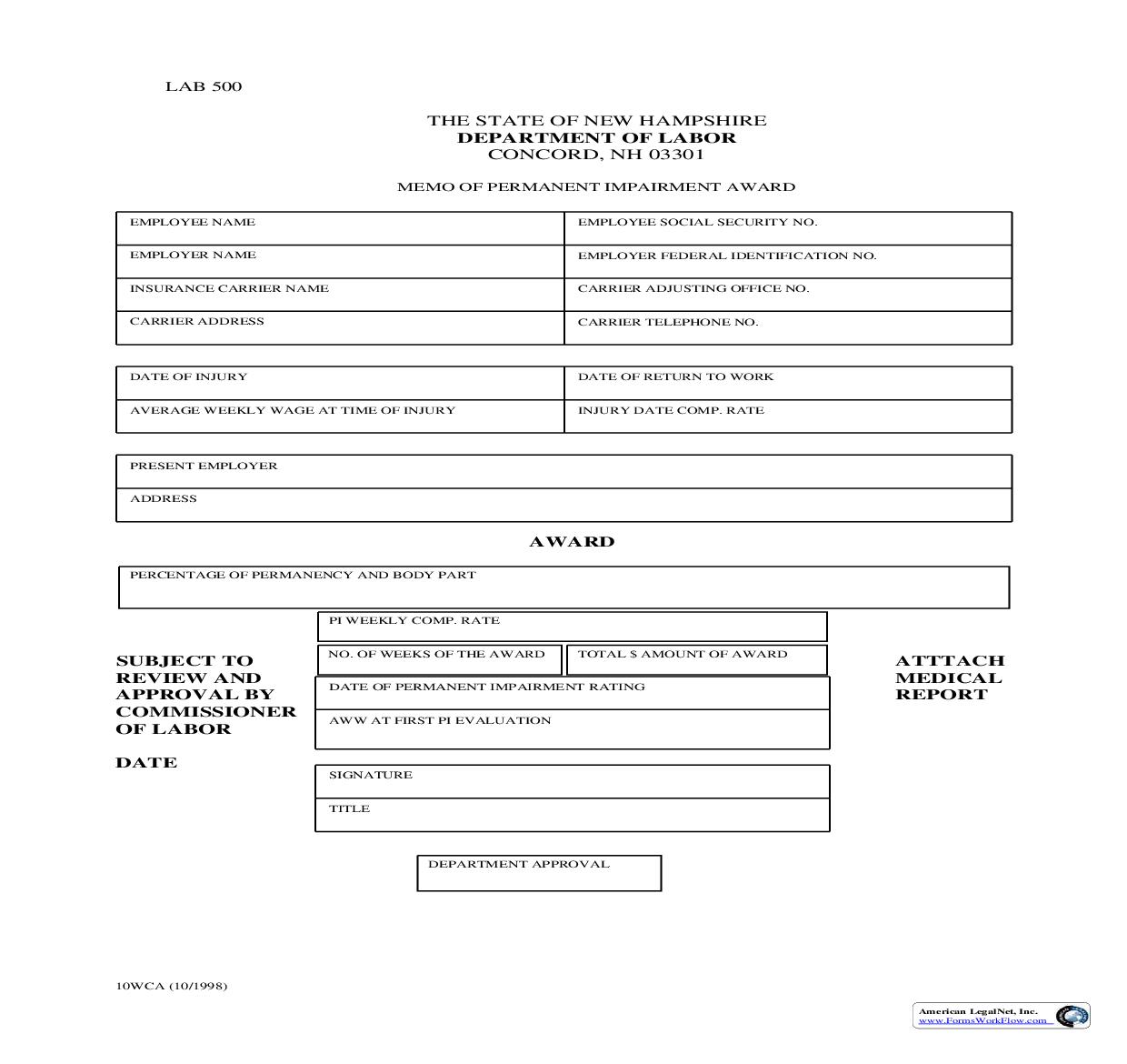 Memo Of Permanent Impairment Award {10 WCA} | Pdf Fpdf Doc Docx | New Hampshire