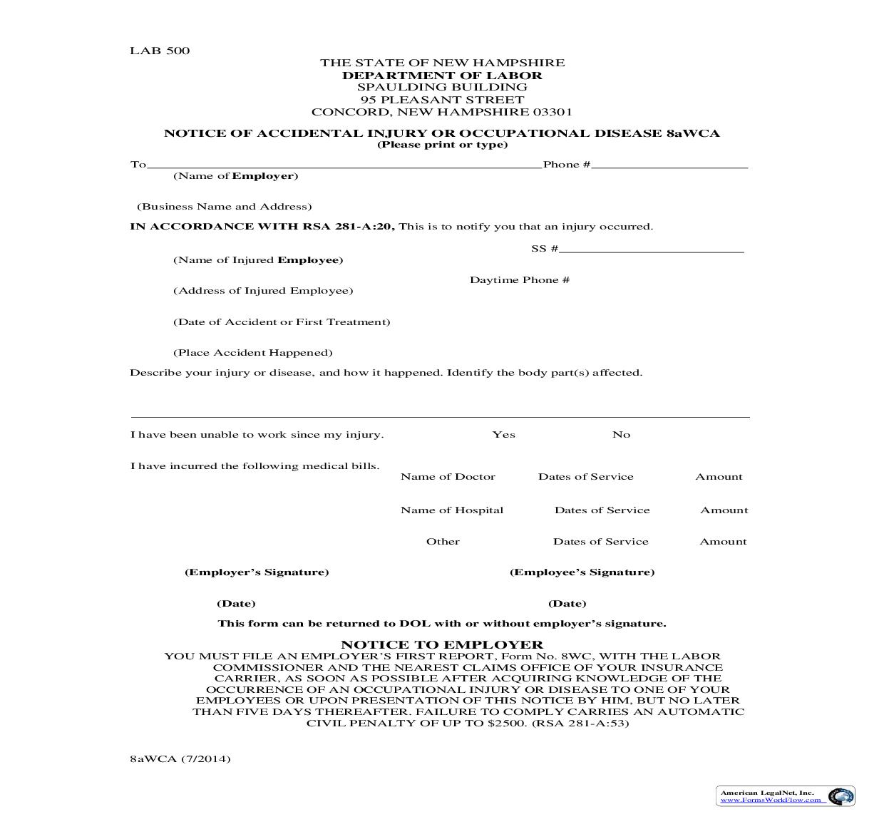 Notice Of Accidental Injury Or Occupational Disease {8a WCA} | Pdf Fpdf Doc Docx | New Hampshire
