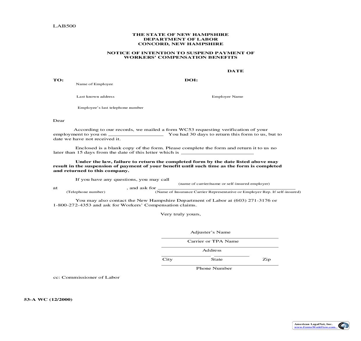 Notice Of Intention To Suspend Payment Of Workers Compensation Benefits {53-A} | Pdf Fpdf Doc Docx | New Hampshire