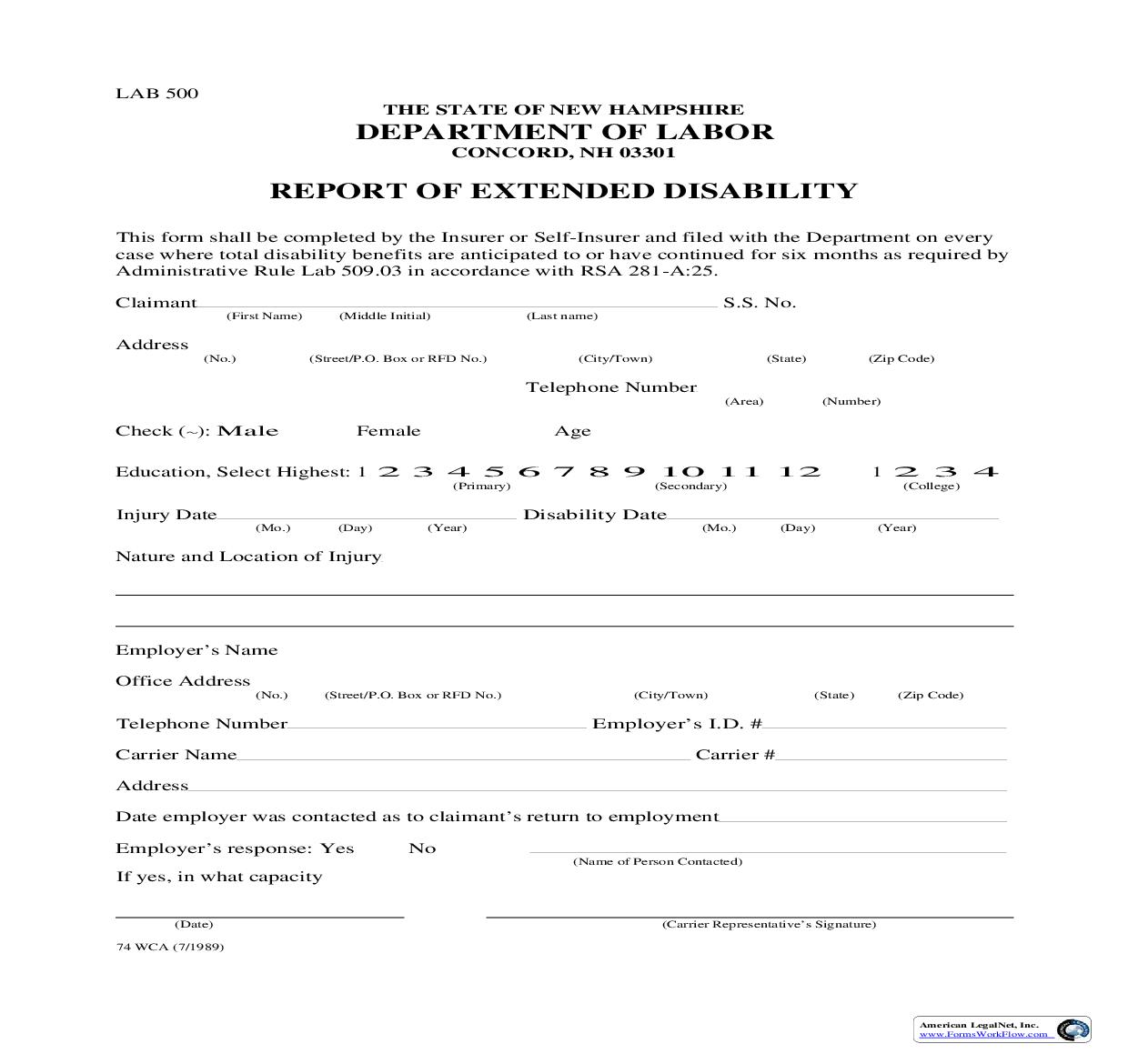 Report Of Extended Disability {74 WCA} | Pdf Fpdf Doc Docx | New Hampshire
