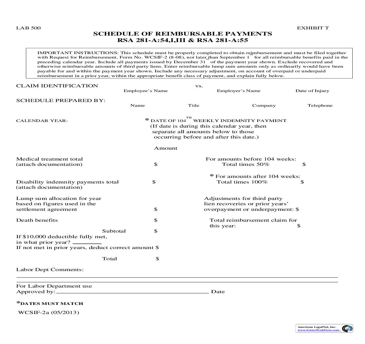 Schedule Of Reimbursable Payments {WCSIF-2a} | Pdf Fpdf Doc Docx | New Hampshire