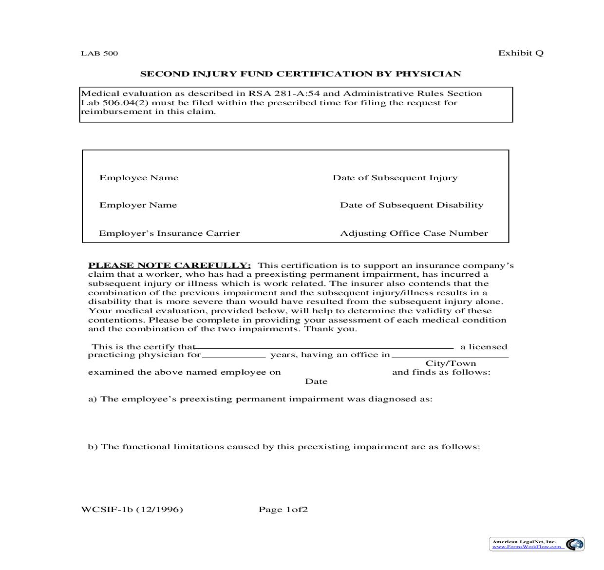 Second Injury Fund Certification By Physician {WCSIF-1b} | Pdf Fpdf Doc Docx | New Hampshire