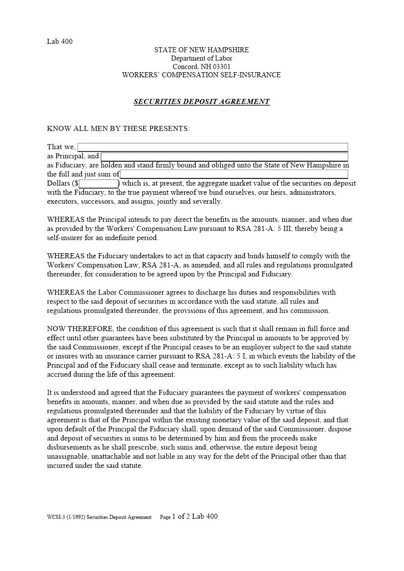 Securities Deposit Agreement {WCSI-3} | Pdf Fpdf Docx | New Hampshire