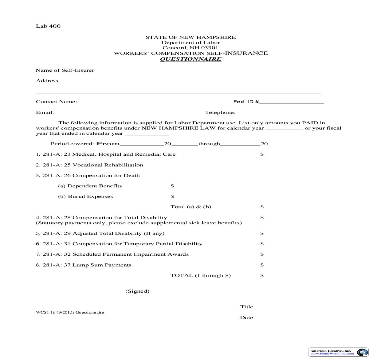 Self Insurance Questionnaire {WCSI-16} | Pdf Fpdf Doc Docx | New Hampshire
