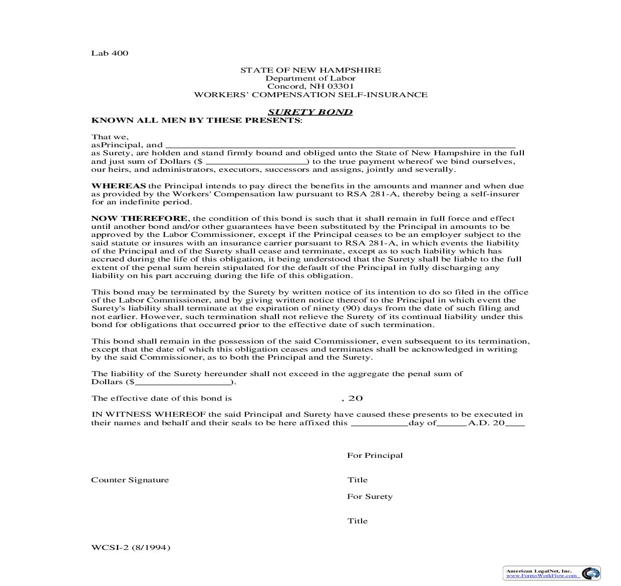 Surety Bond {WCSI-2} | Pdf Fpdf Doc Docx | New Hampshire