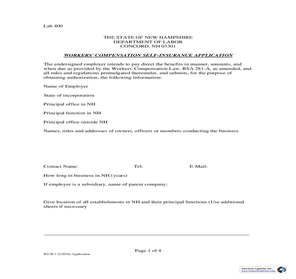 Workers Compensation Self Insurance Application {WCSI-1} | Pdf Fpdf Doc Docx | New Hampshire