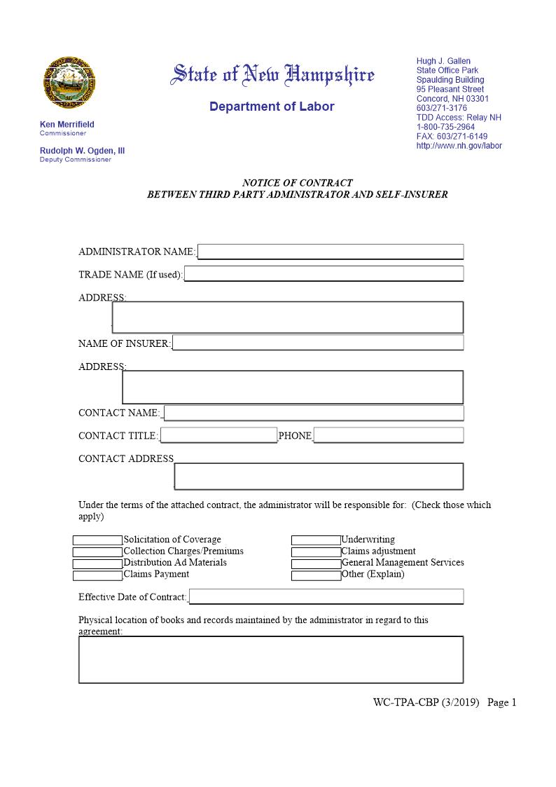 Notice Of Contract Between Third Party Administrator And Self Insurer | Pdf Fpdf Doc Docx | New Hampshire