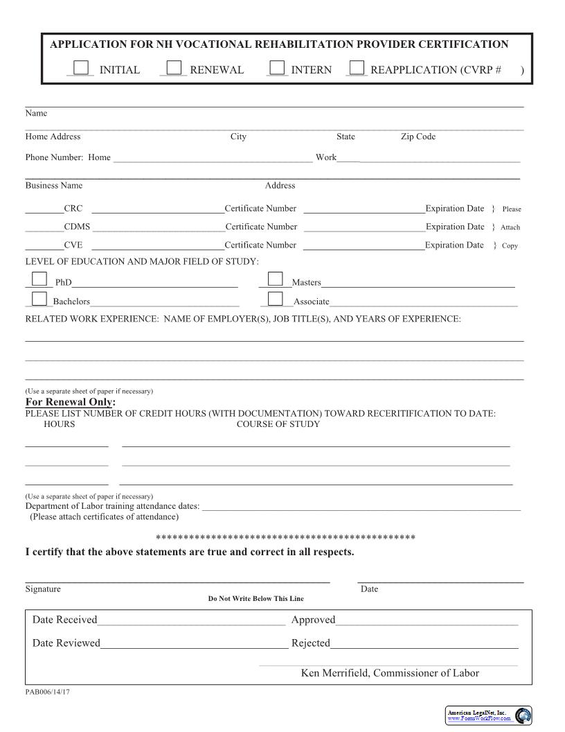 Application For NH Vocational Rehabilitation Provider Certification | Pdf Fpdf Docx | New Hampshire