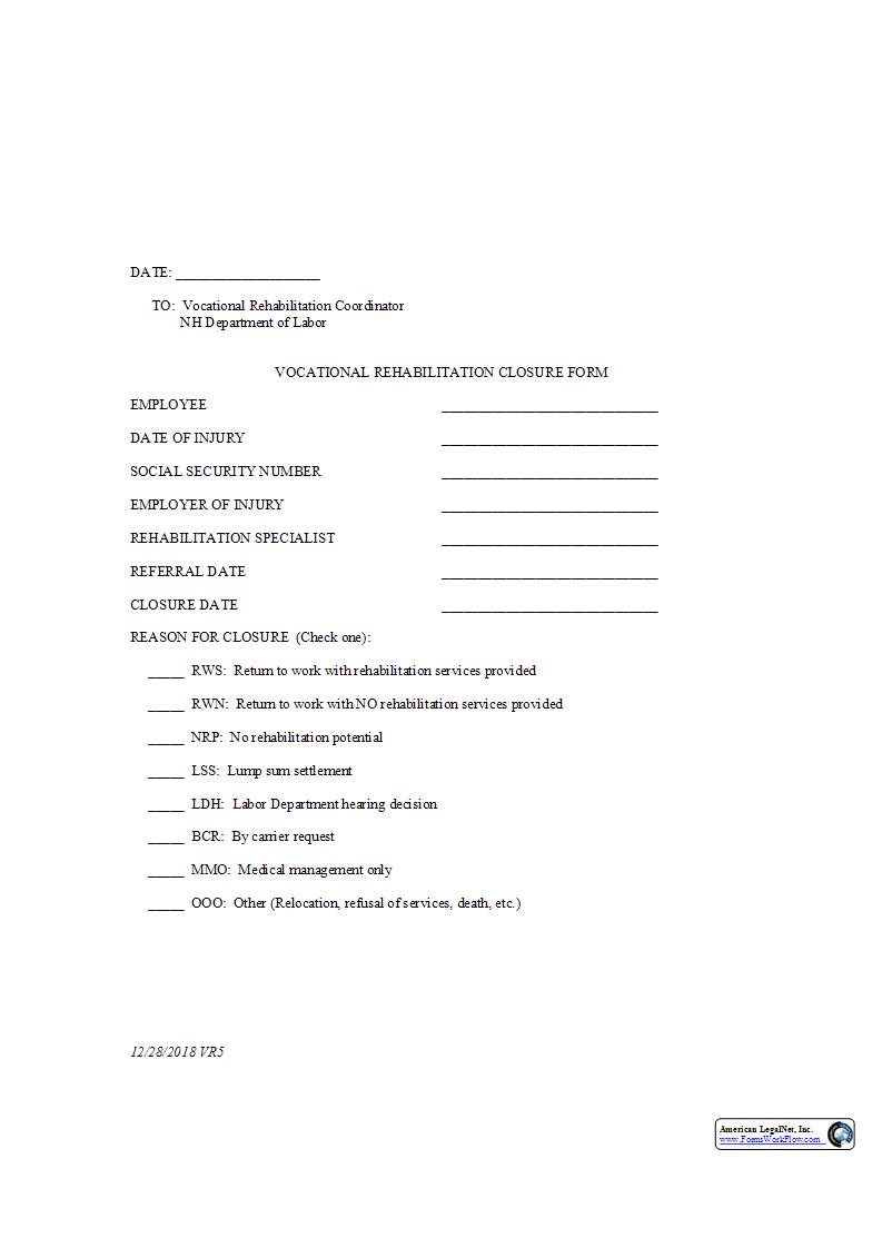 Vocational Rehabilitation Closure {VR5} | Pdf Fpdf Docx | New Hampshire
