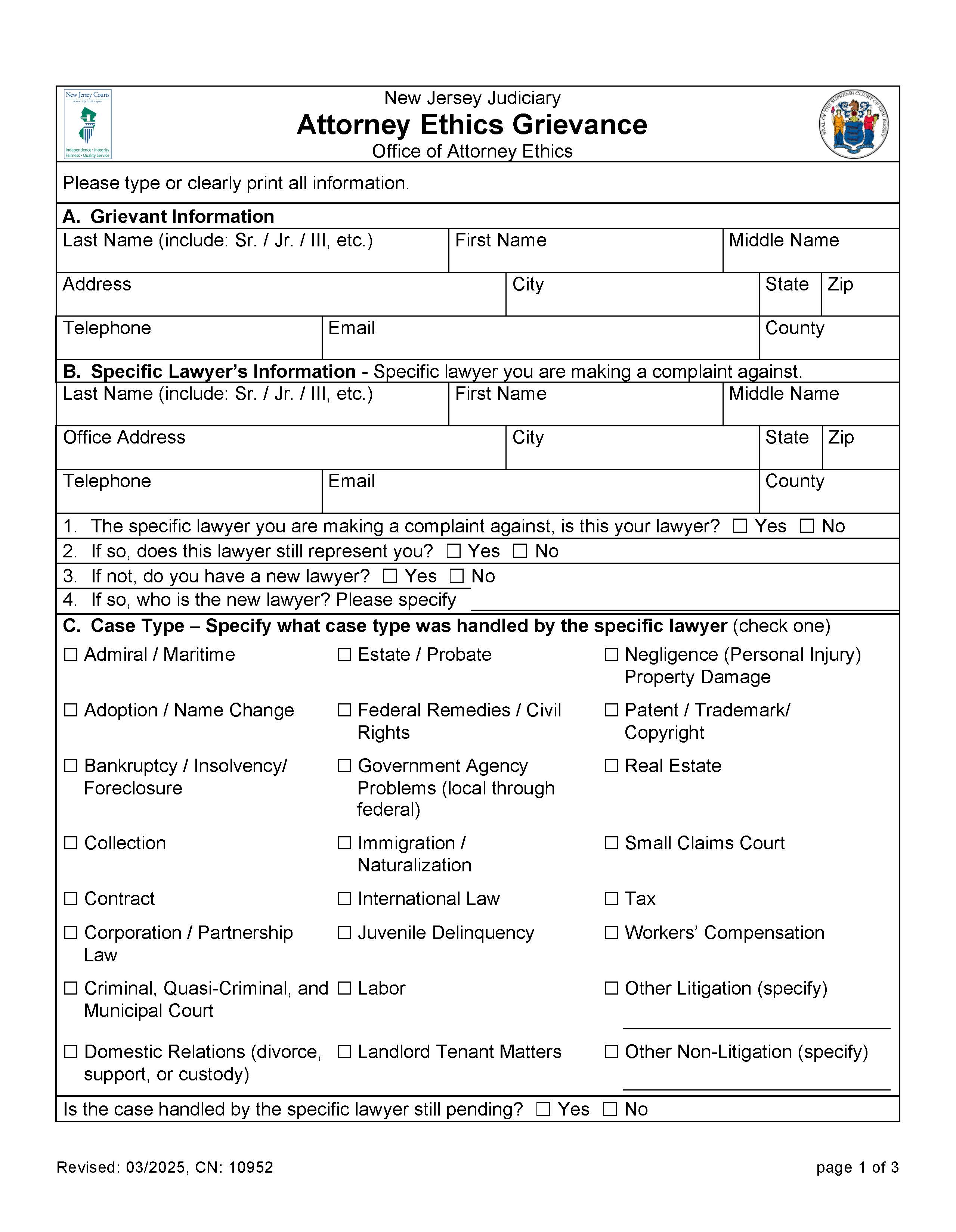 Attorney Ethics Grievance Form {10952} | Pdf Fpdf Docx | New Jersey