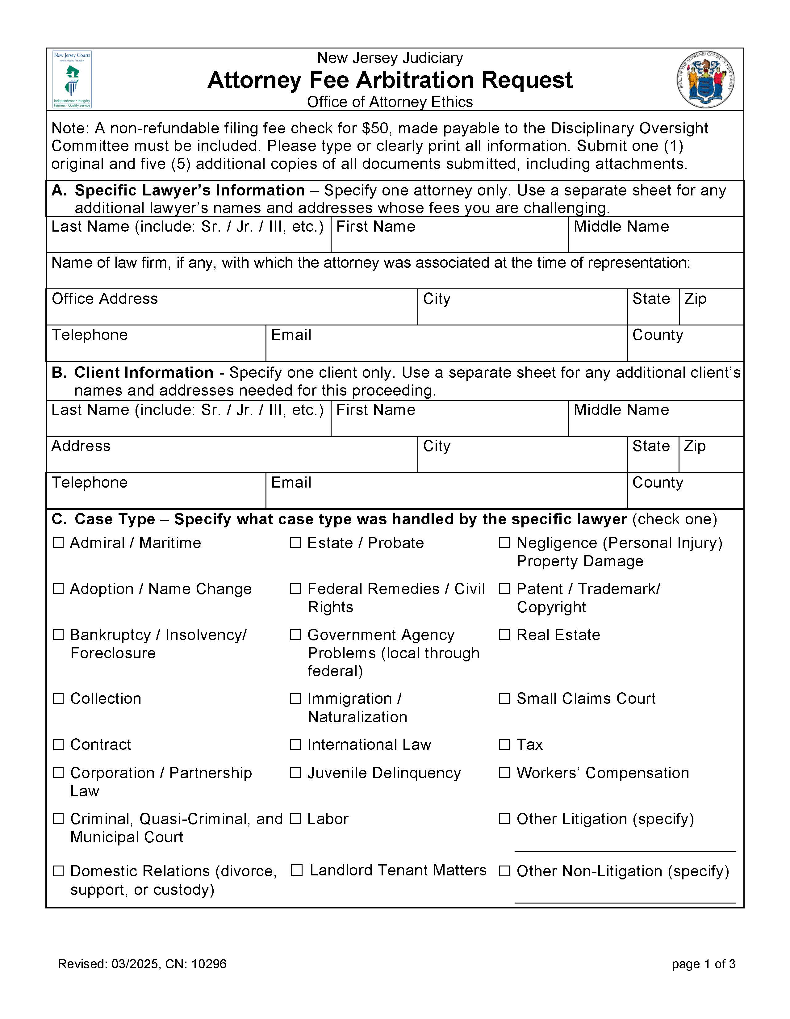 Attorney Fee Arbitration Request Form {10296} | Pdf Fpdf Doc Docx | New Jersey