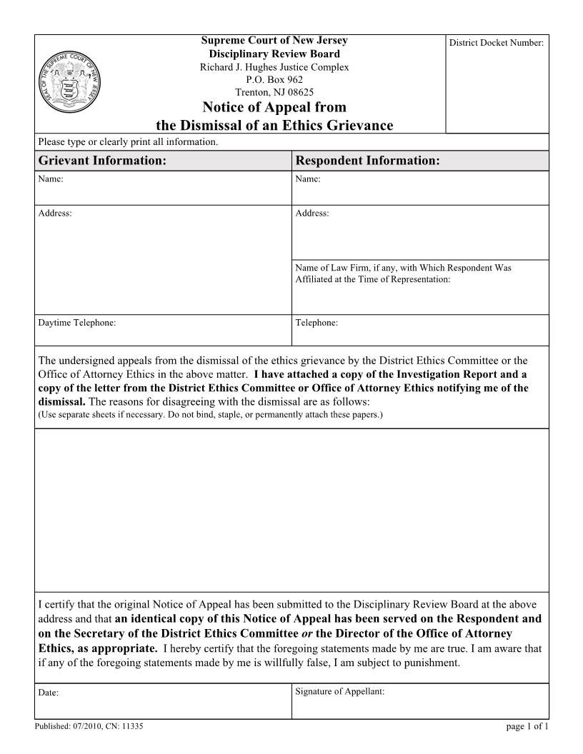 Notice Of Appeal From The Dismissal Of An Ethics Grievance {11335} | Pdf Fpdf Docx | New Jersey