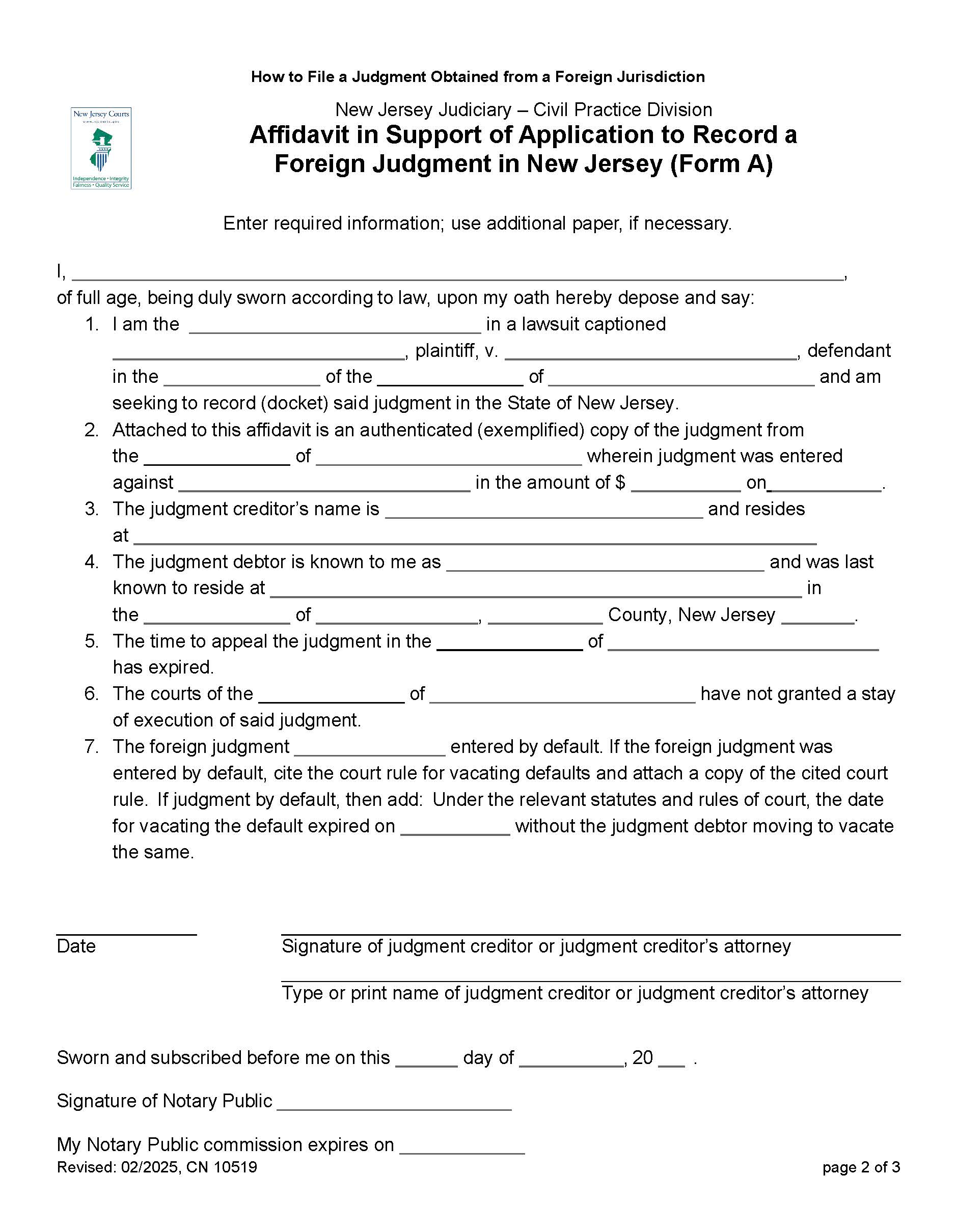 Affidavit In Support Of Application To Record Foreign Judgment In New Jersey {10519} | Pdf Fpdf Doc Docx | New Jersey