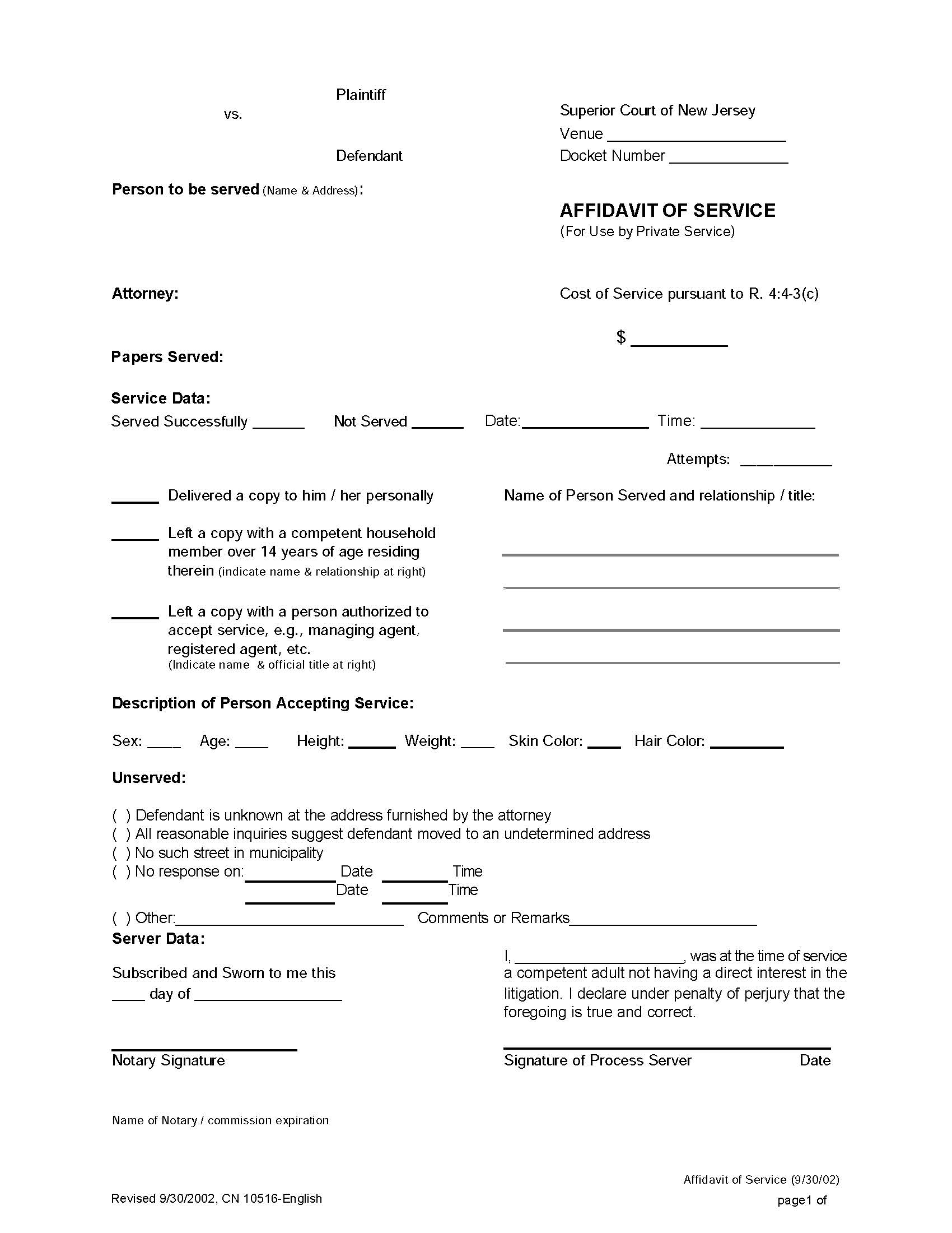Affidavit Of Service {10516} | Pdf Fpdf Doc Docx | New Jersey