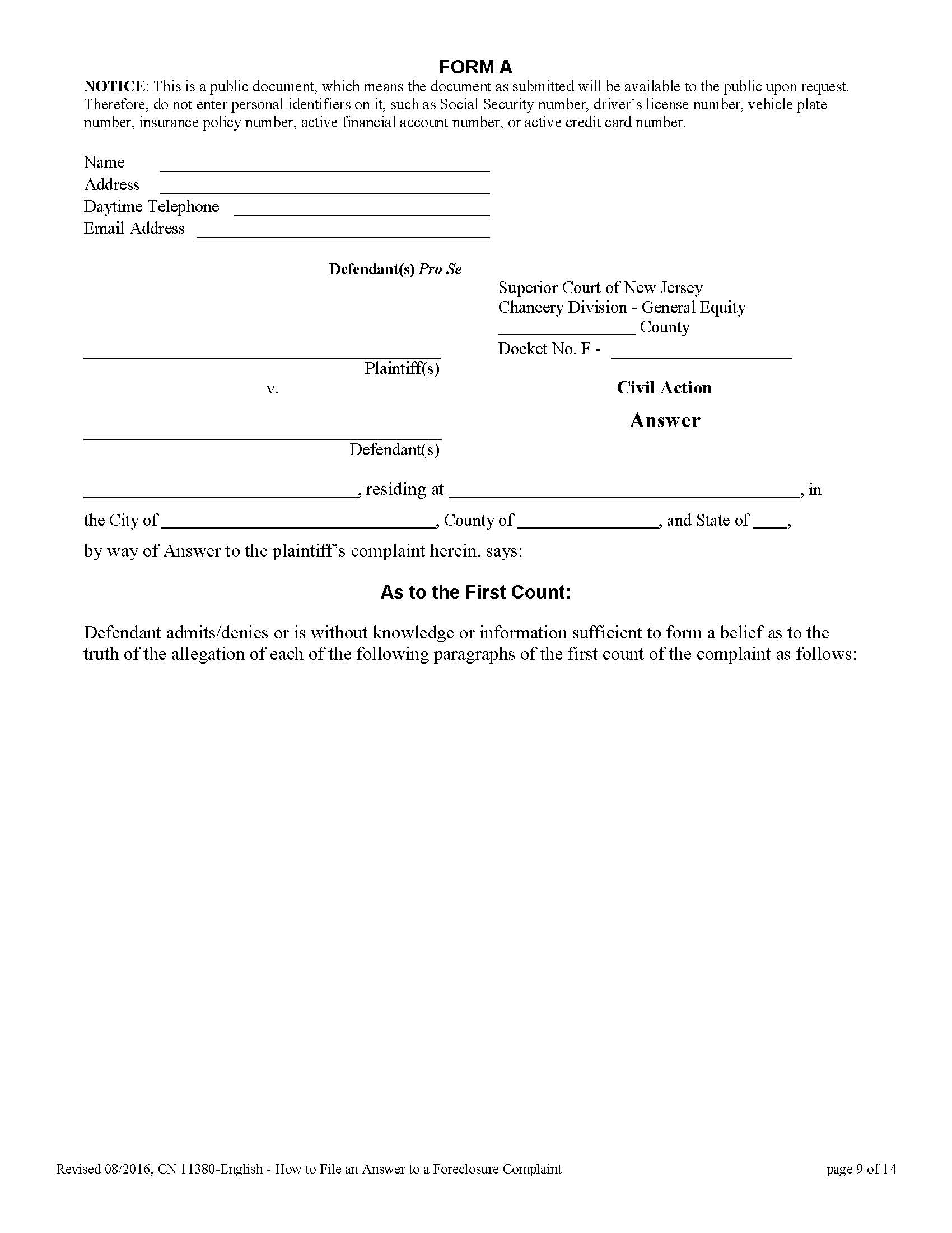 Answer (Foreclosure Complaint) {11380} | Pdf Fpdf Docx | New Jersey