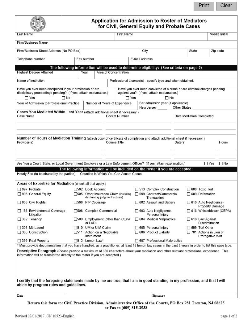 Application For Admission To Roster Of Mediators For Civil General Equity And Probate Cases {10523} | Pdf Fpdf Doc Docx | New Jersey