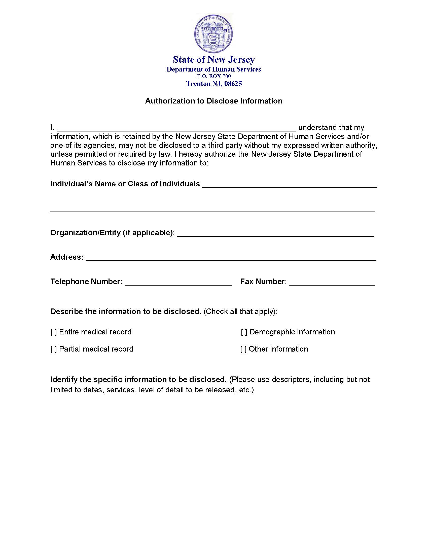 Authorization To Disclose Information (Medical) | Pdf Fpdf Doc Docx | New Jersey
