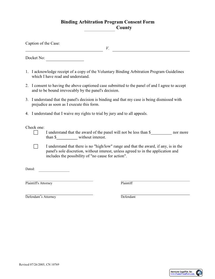 Binding Arbitration Consent Form {10769} | Pdf Fpdf Docx | New Jersey