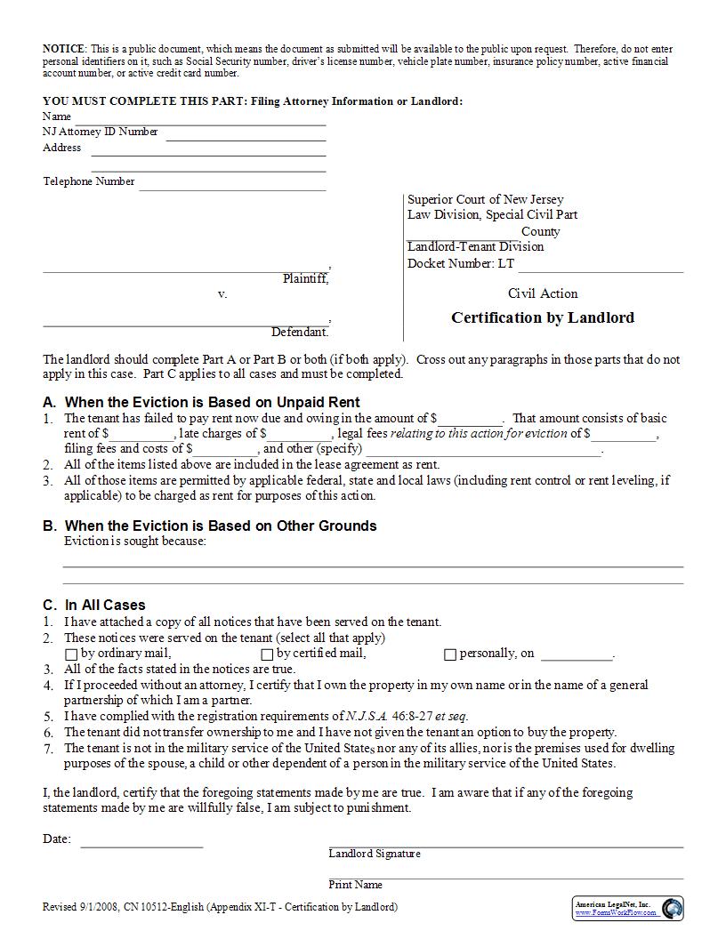 Certification By Landlord {10512} | Pdf Fpdf Docx | New Jersey