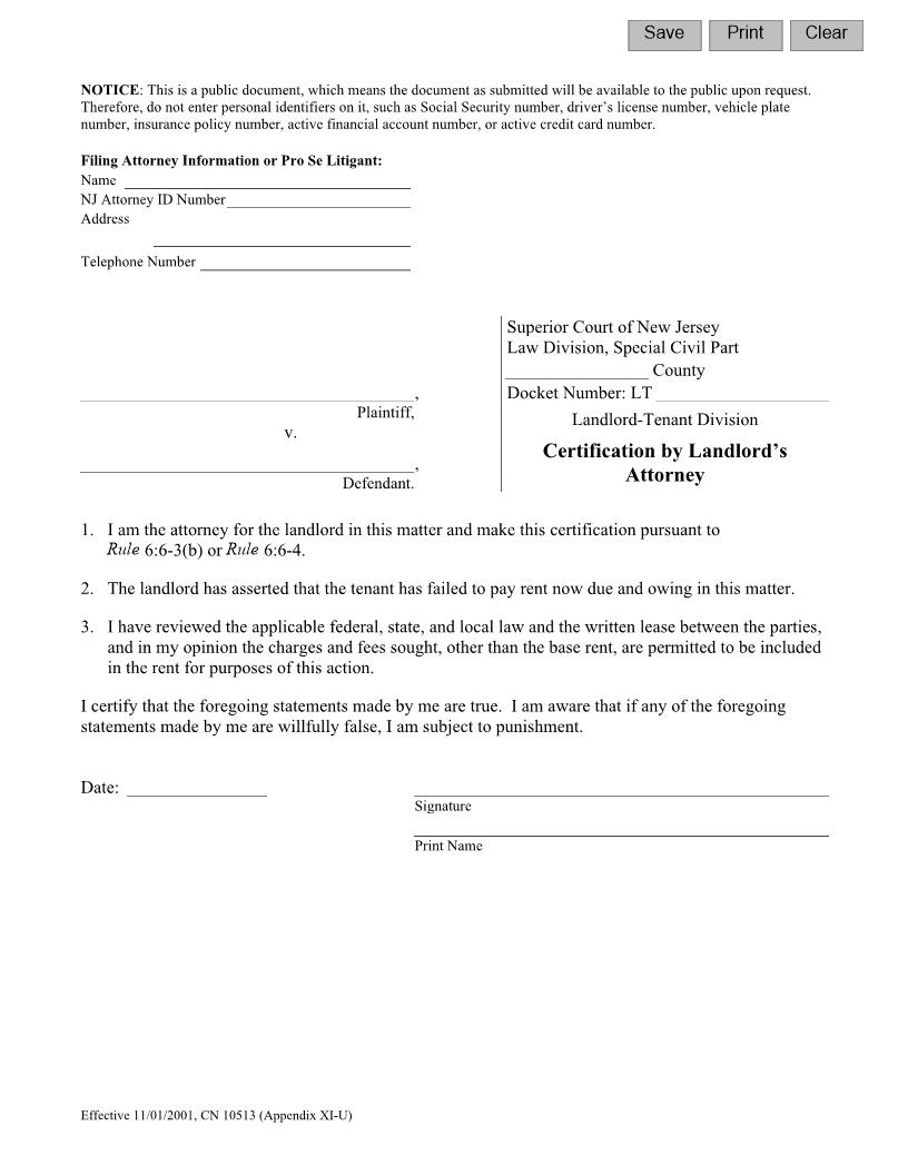 Certification By Landlords Attorney {10513} | Pdf Fpdf Doc Docx | New Jersey