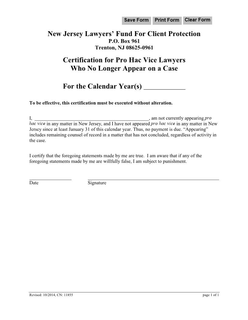 Certification For PHV Lawyers Who No Longer Appear On A Case {11855} | Pdf Fpdf Docx | New Jersey