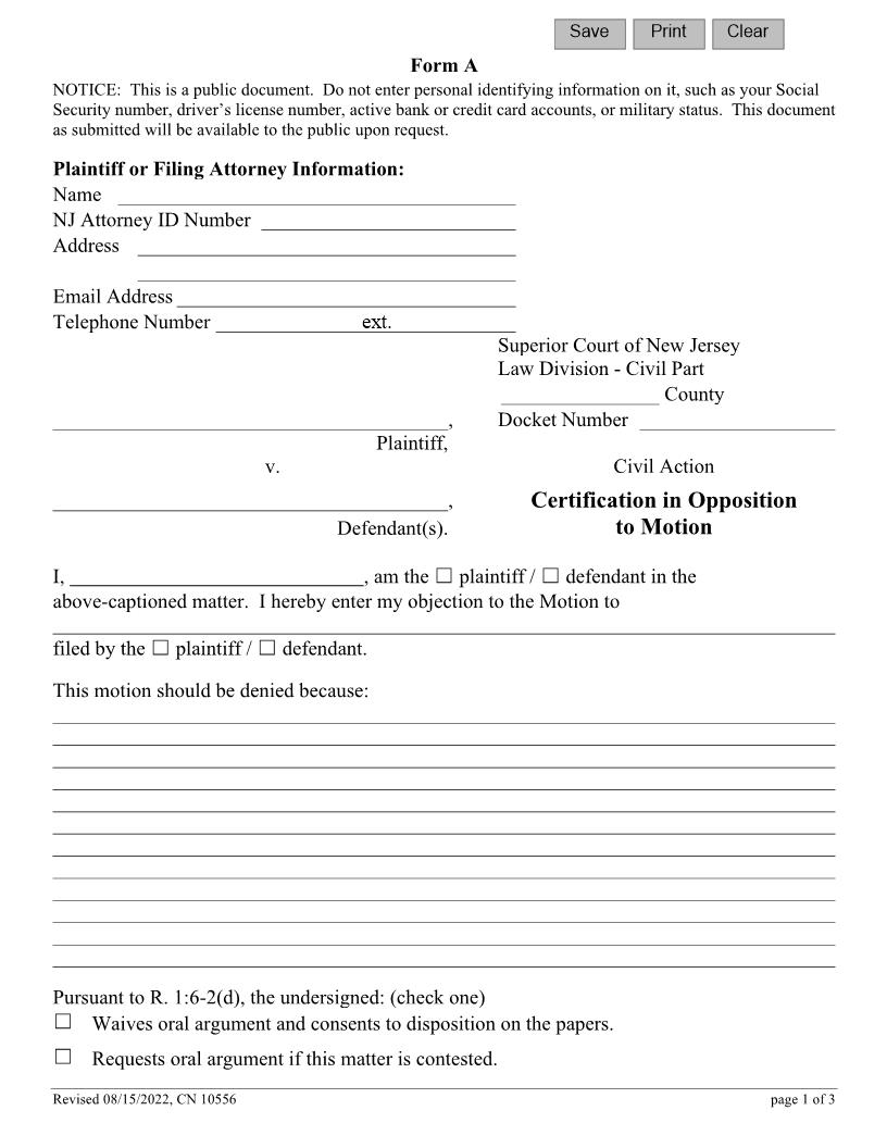 Certification In Opposition To Motion (Law Division) {10556} | Pdf Fpdf Docx | New Jersey