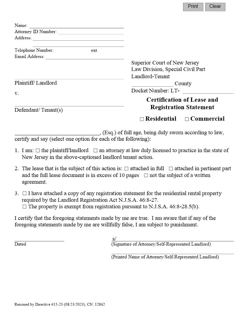 Certification Of Lease And Registration Statement (Residential Or Commercial) {12842} | Pdf Fpdf Docx | New Jersey