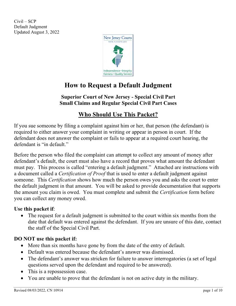 Certification Of Proof (Default Judgment {10914} | Pdf Fpdf Docx | New Jersey