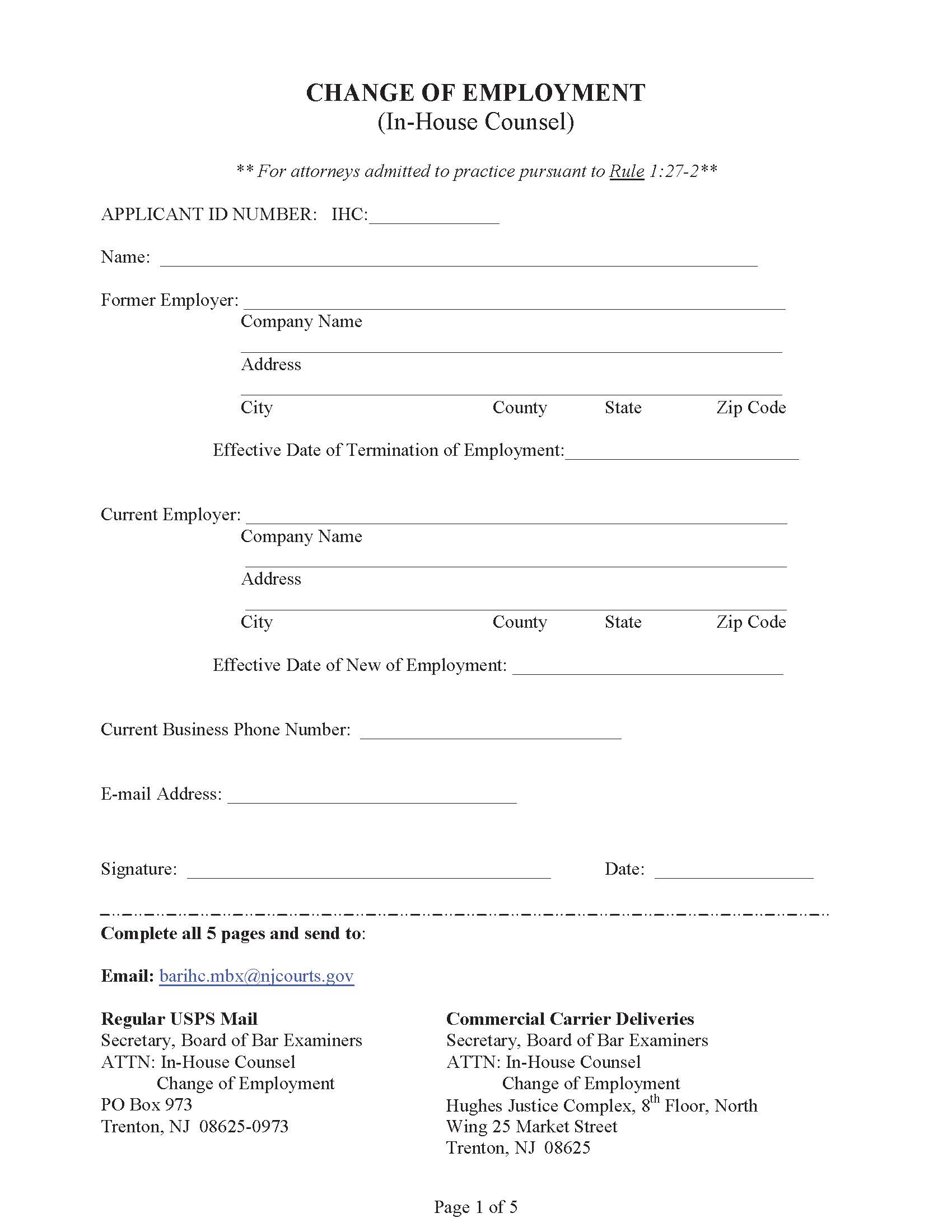 Change Of Employment Packet (In-House Counsel) {1272} | Pdf Fpdf Docx | New Jersey