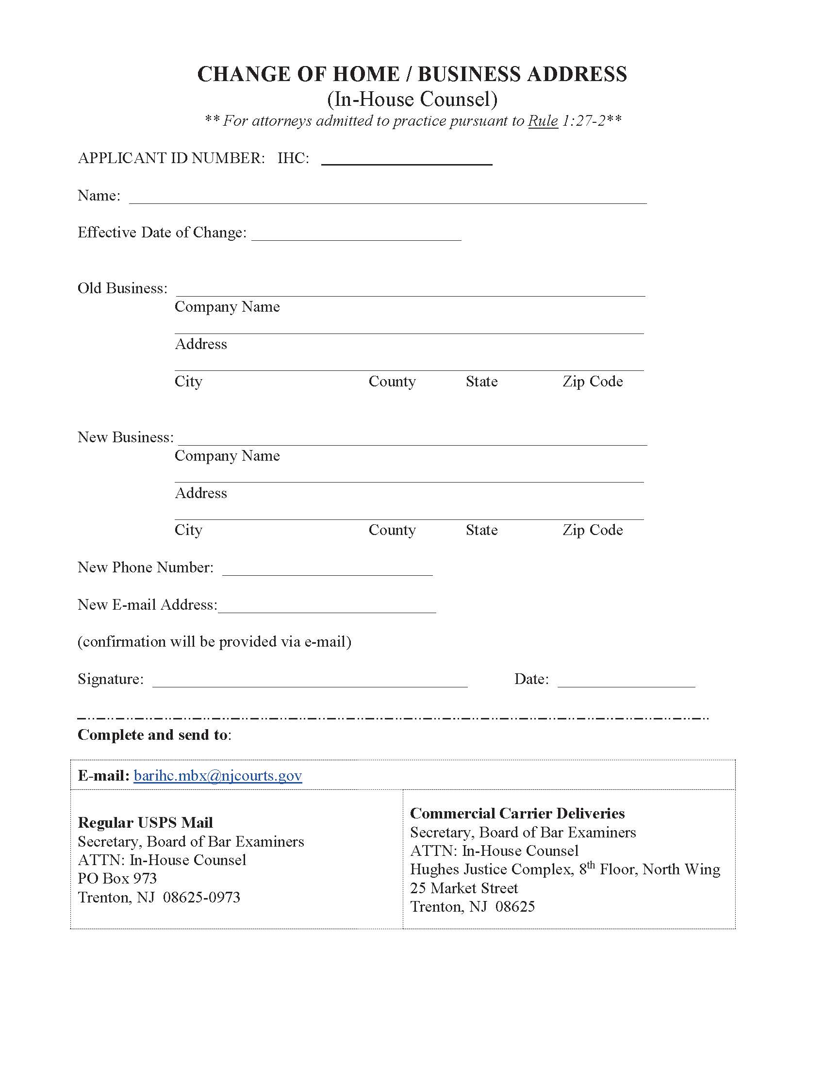 Change Of Home-Business Address (In-House Counsel) {NJCD CoAIHC} | Pdf Fpdf Docx | New Jersey