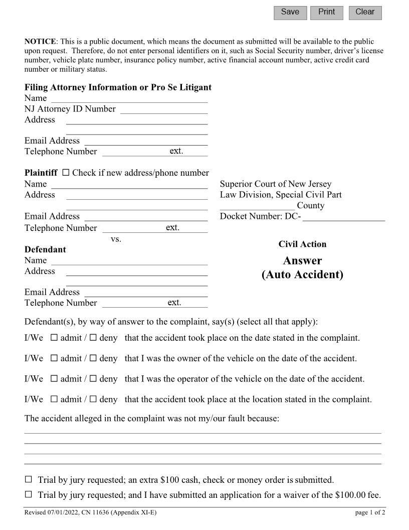 Civil Action Answer (Auto Accident) {11636} | Pdf Fpdf Docx | New Jersey