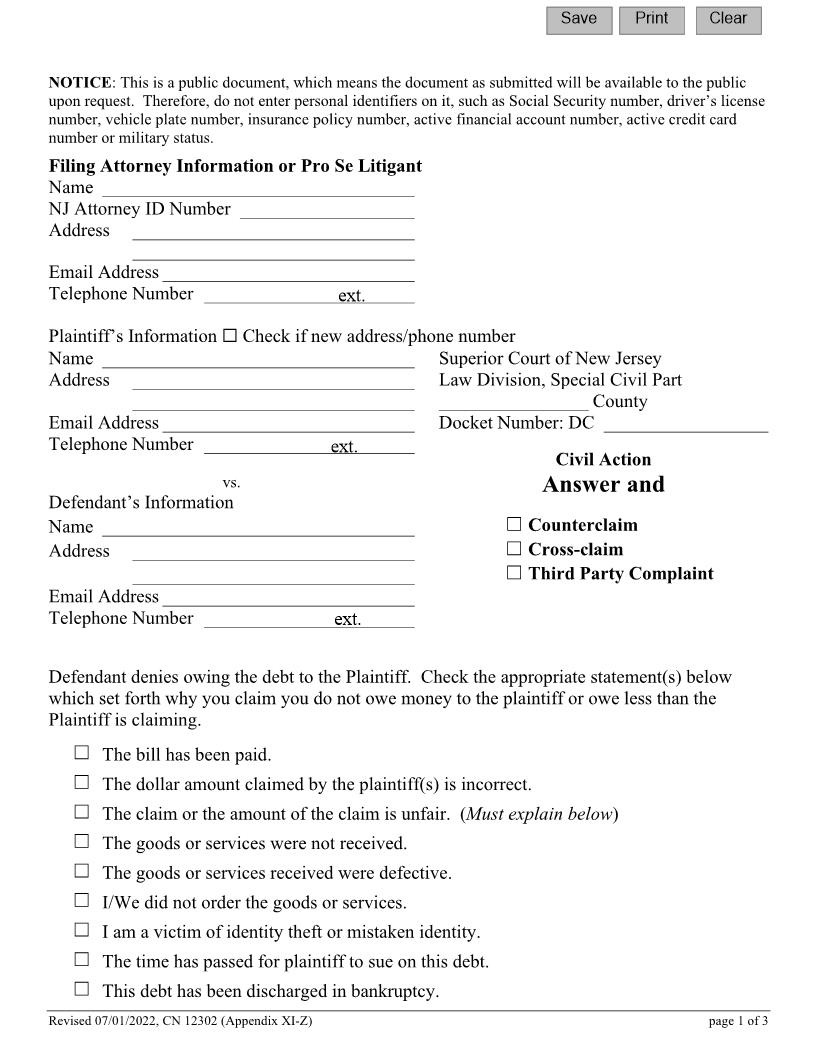 Civil Action Answer And Counterclaim Cross-Claim Third Party Complaint {12302} | Pdf Fpdf Docx | New Jersey
