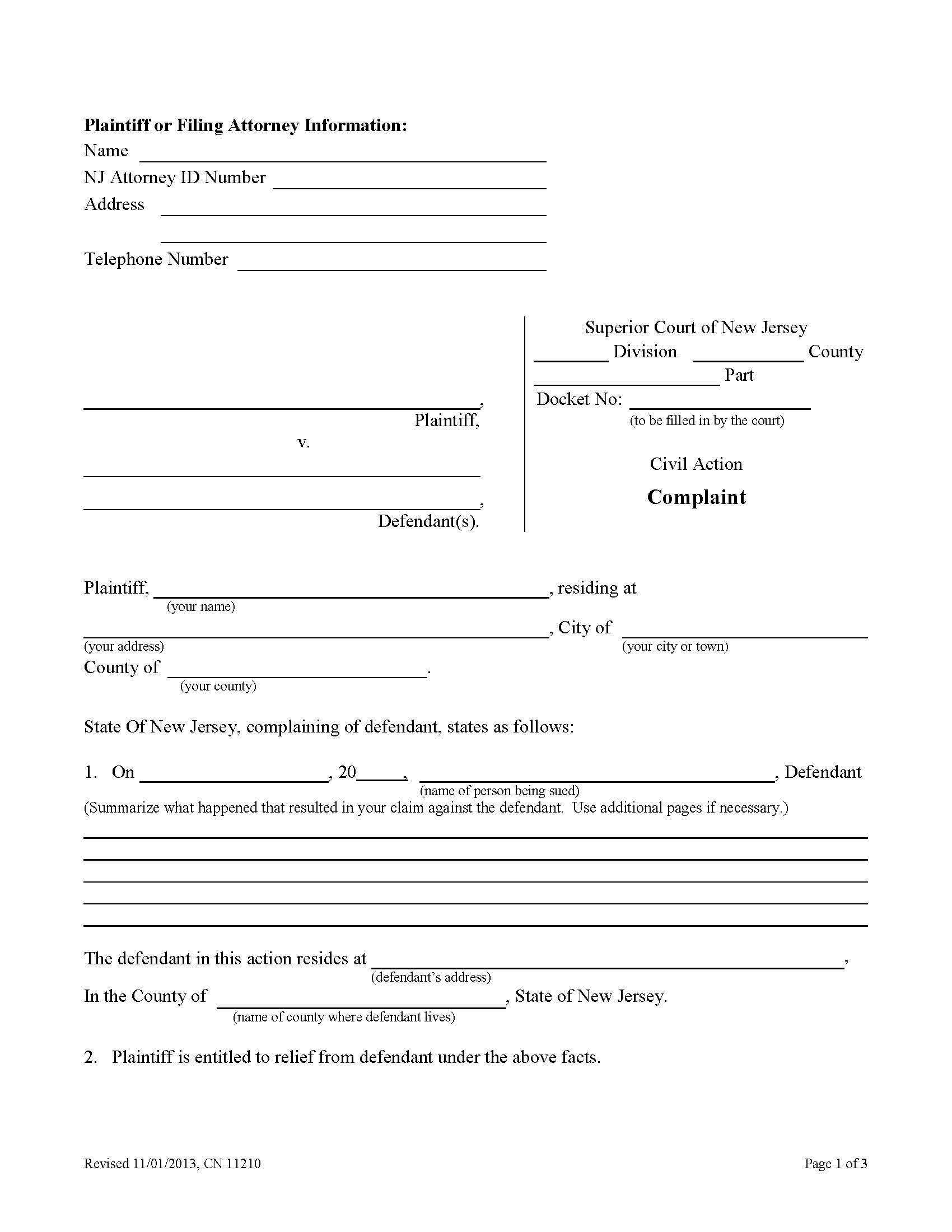 Civil Action Complaint {11210} | Pdf Fpdf Doc Docx | New Jersey