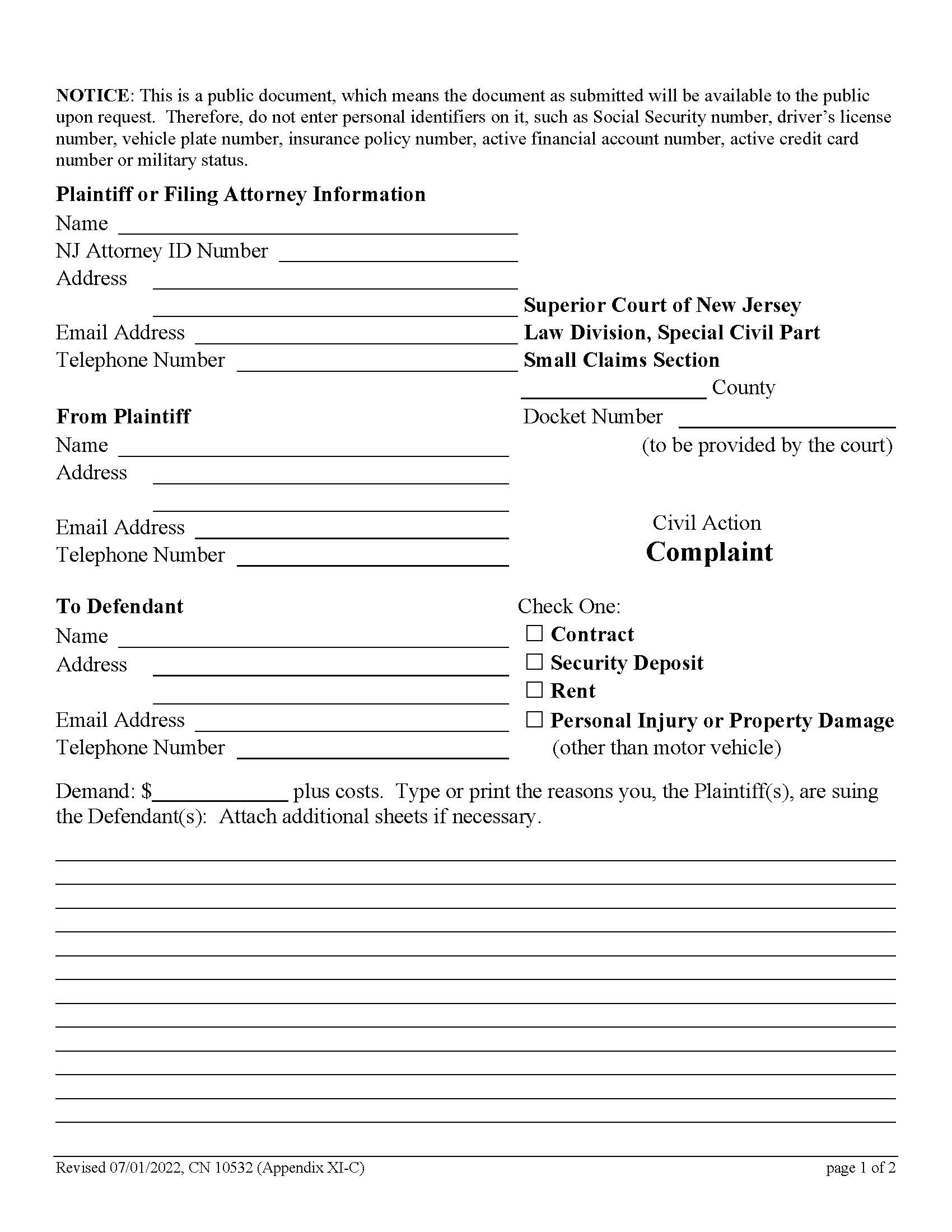 Civil Action Complaint (Contract Security Deposit Rent PI PD - Small Claims) {10532} | Pdf Fpdf Doc Docx | New Jersey