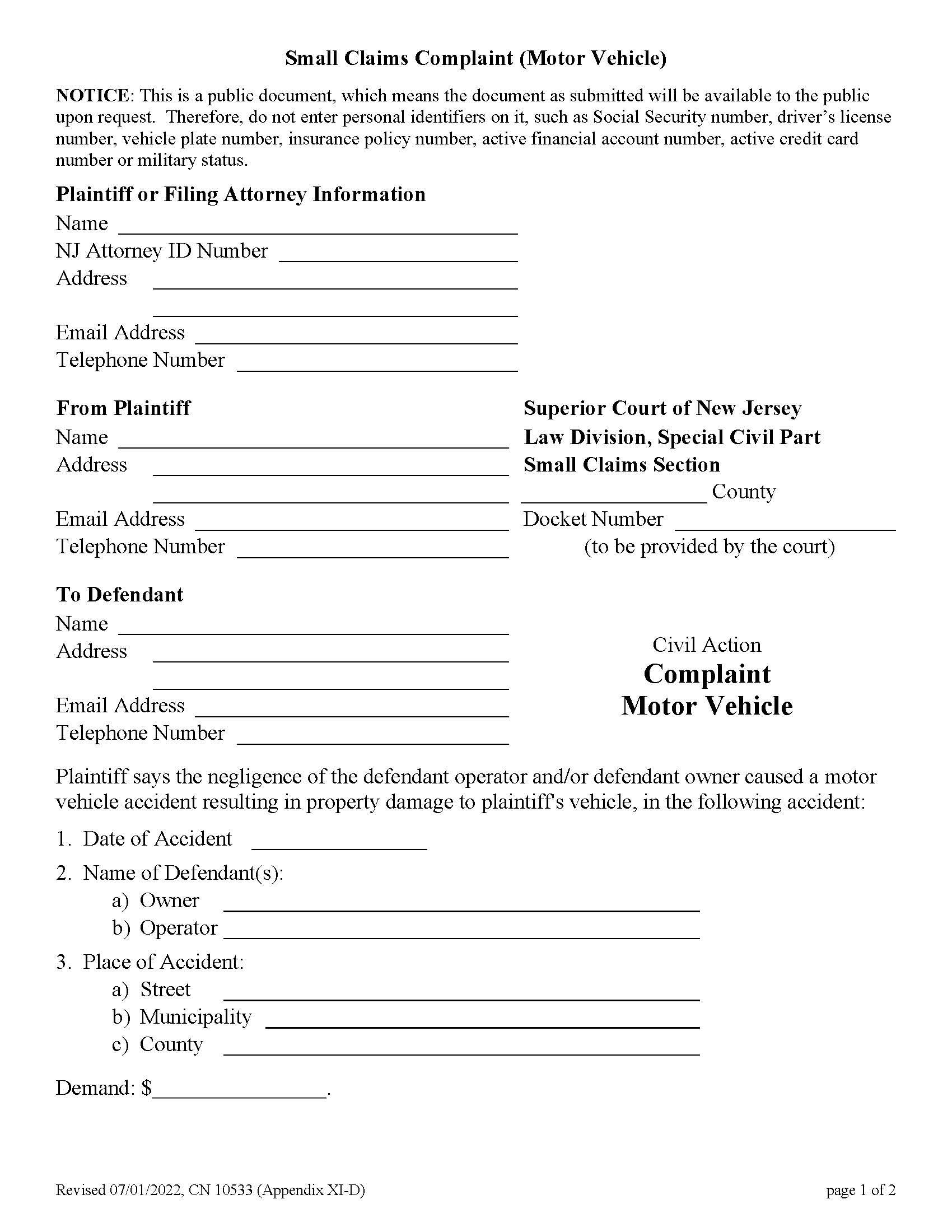 Civil Action Complaint - Motor Vehicle (Small Claims) {10533} | Pdf Fpdf Doc Docx | New Jersey