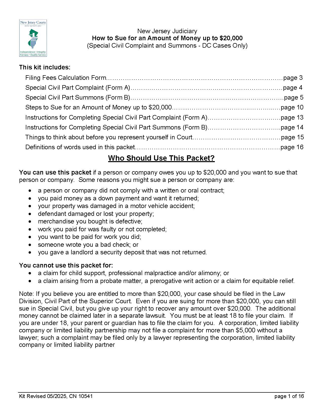 Civil Action Complaint And Summons (DC Case Limit 20000) {10541} | Pdf Fpdf Docx | New Jersey