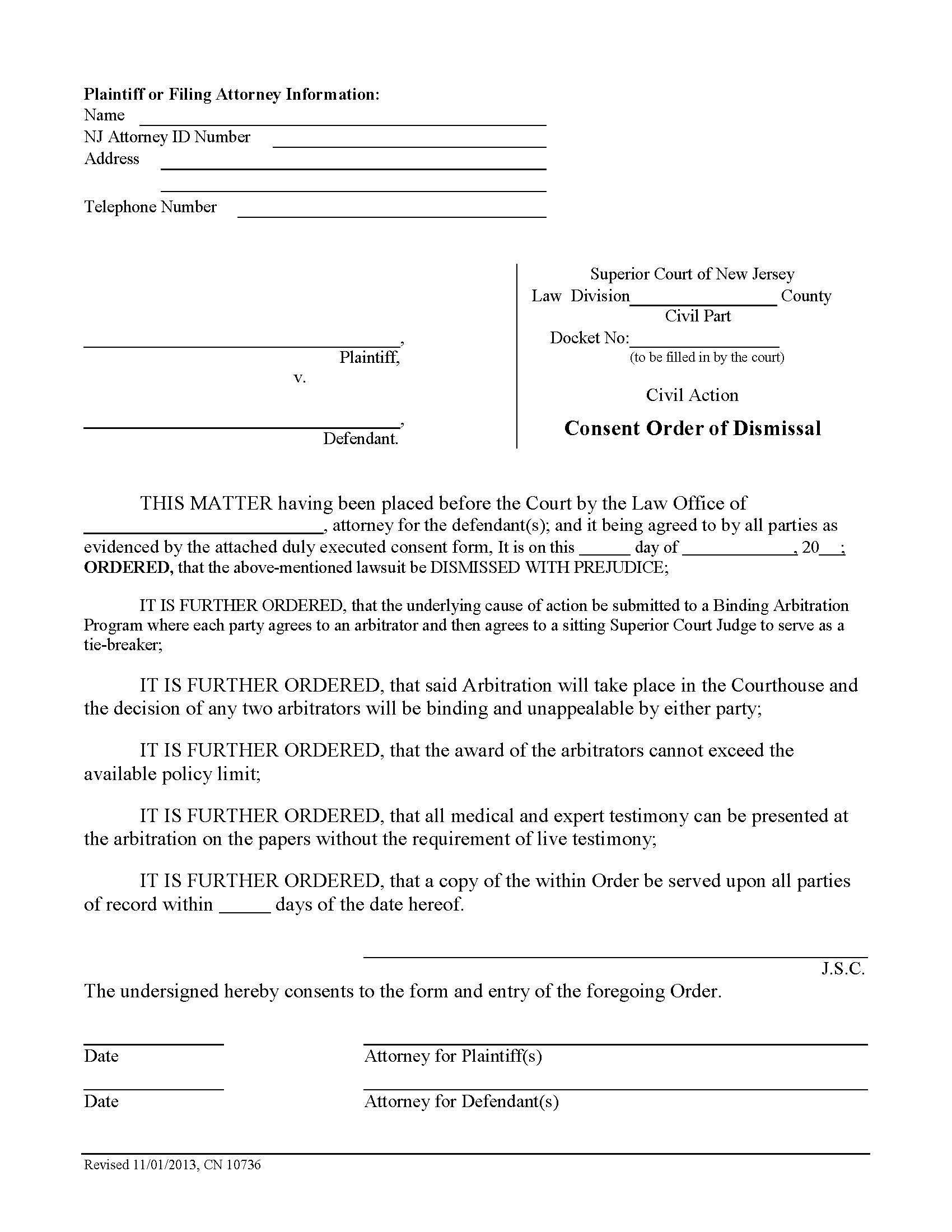 Civil Action Consent Order Of Dismissal {10736} | Pdf Fpdf Doc Docx | New Jersey