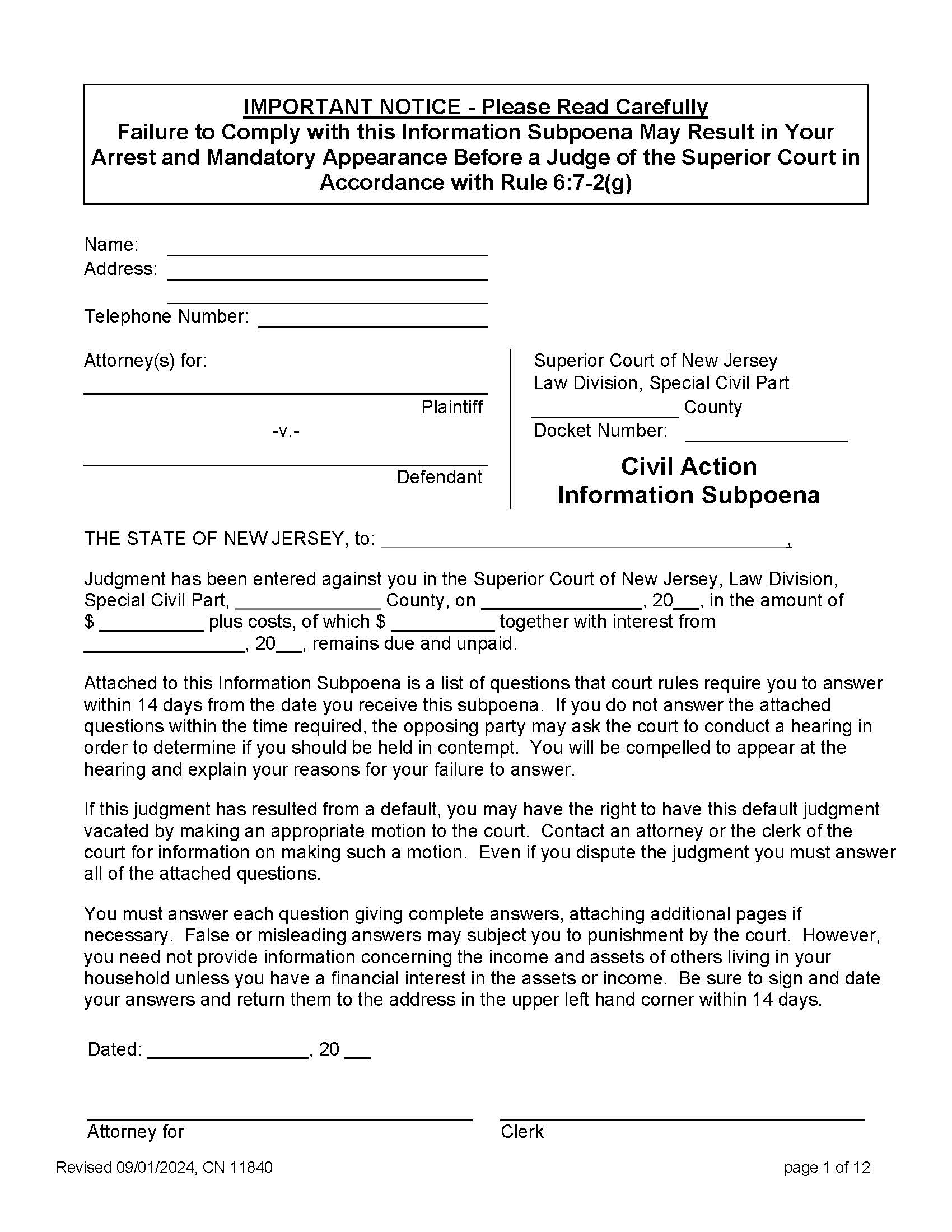 Civil Action Information Subpoena {11840} | Pdf Fpdf Docx | New Jersey