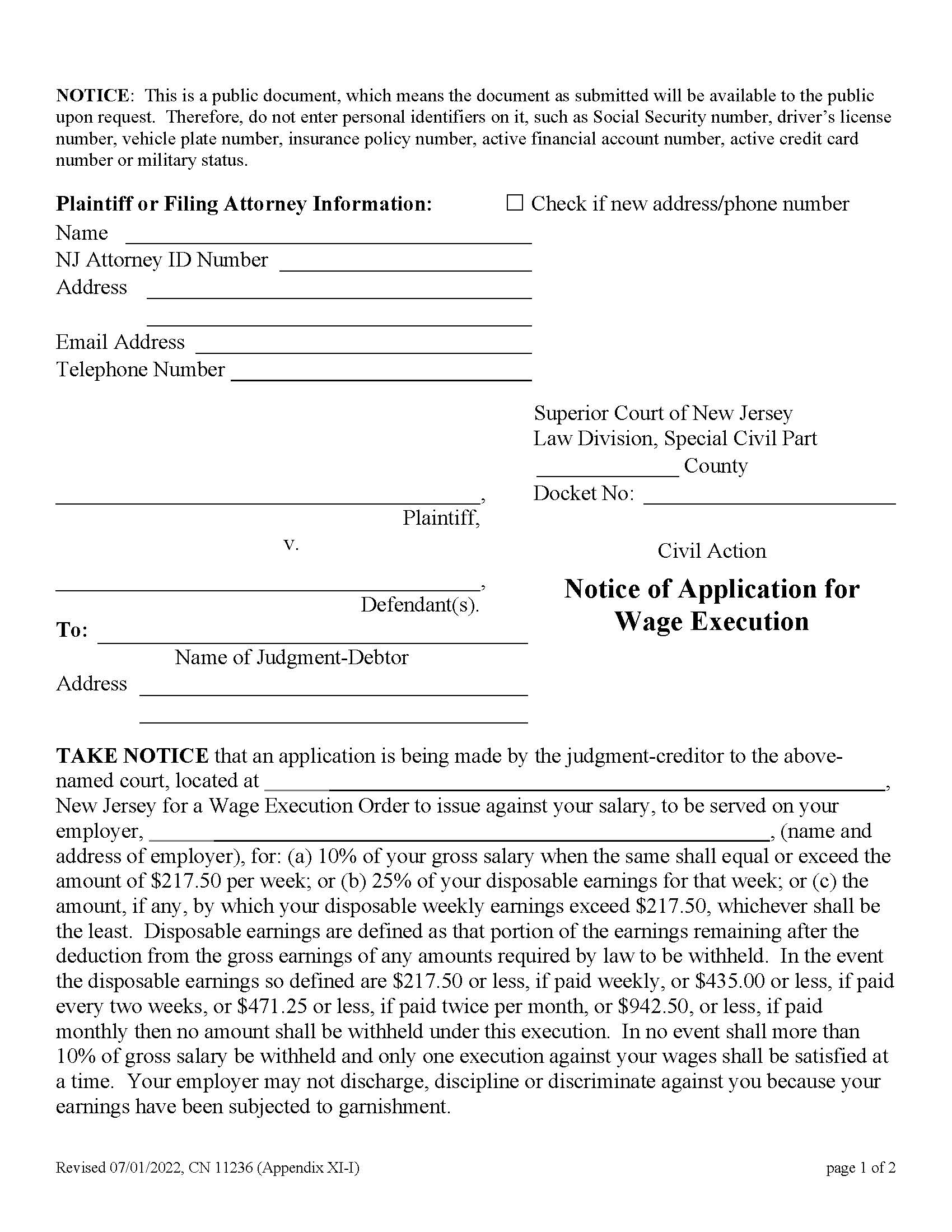 Civil Action Notice Of Application For Wage Execution Appendix XI-I {11236} | Pdf Fpdf Docx | New Jersey