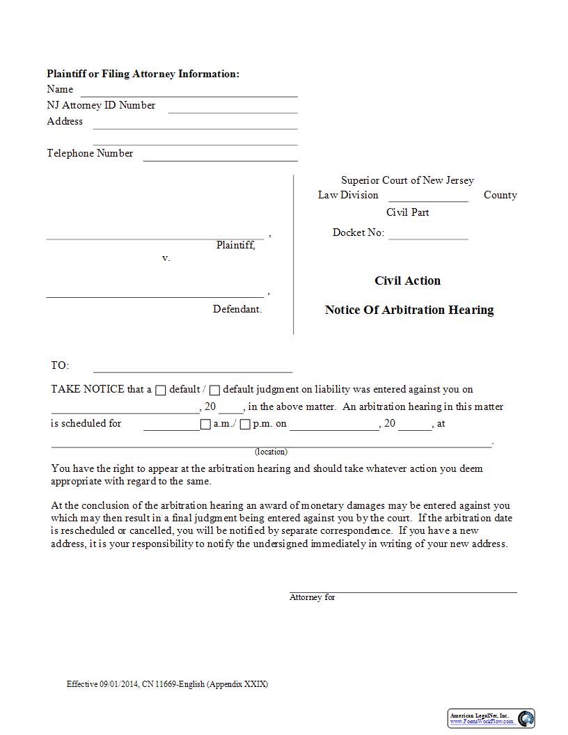 Civil Action Notice Of Arbitration Hearing {11669} | Pdf Fpdf Docx | New Jersey