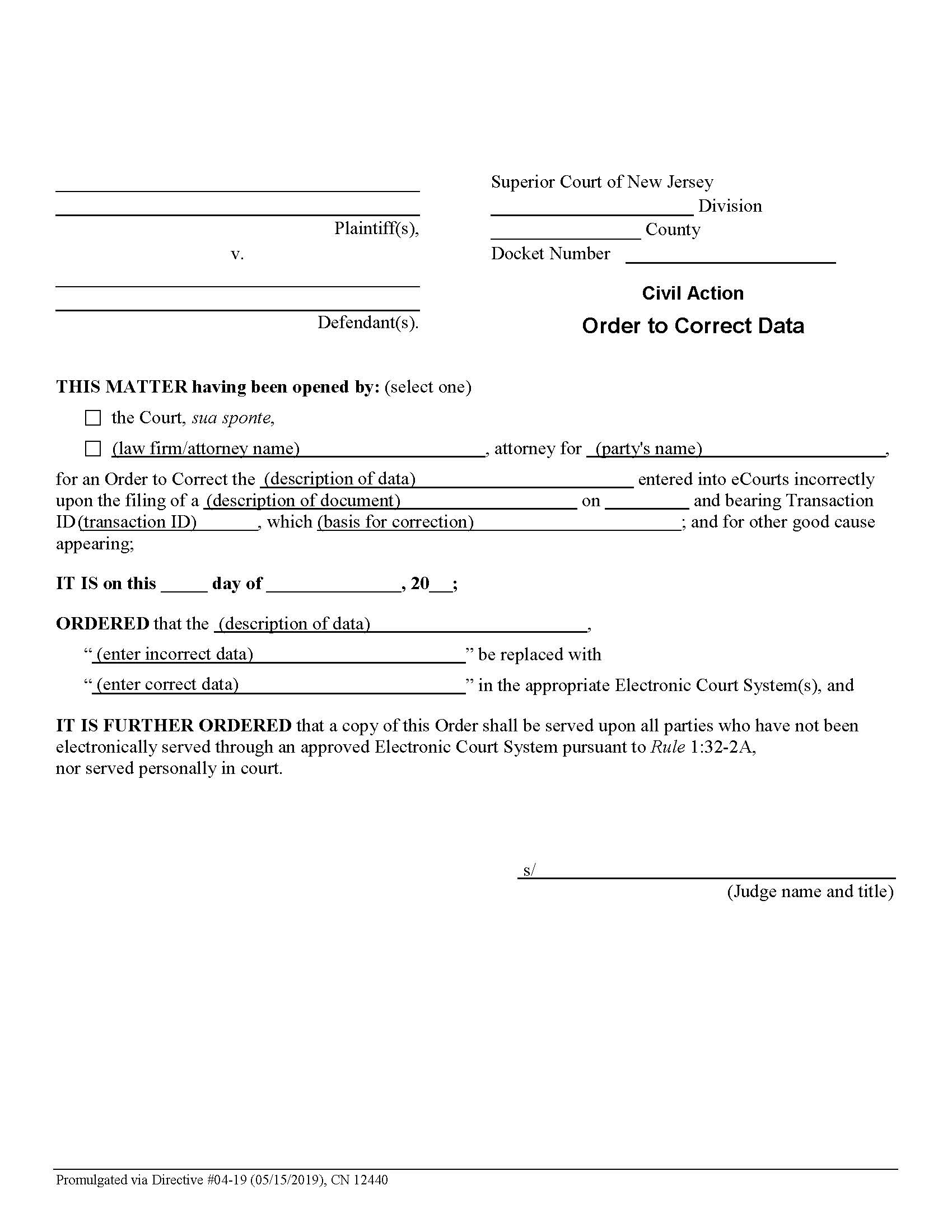 Civil Action Order To Correct Data {12440} | Pdf Fpdf Docx | New Jersey