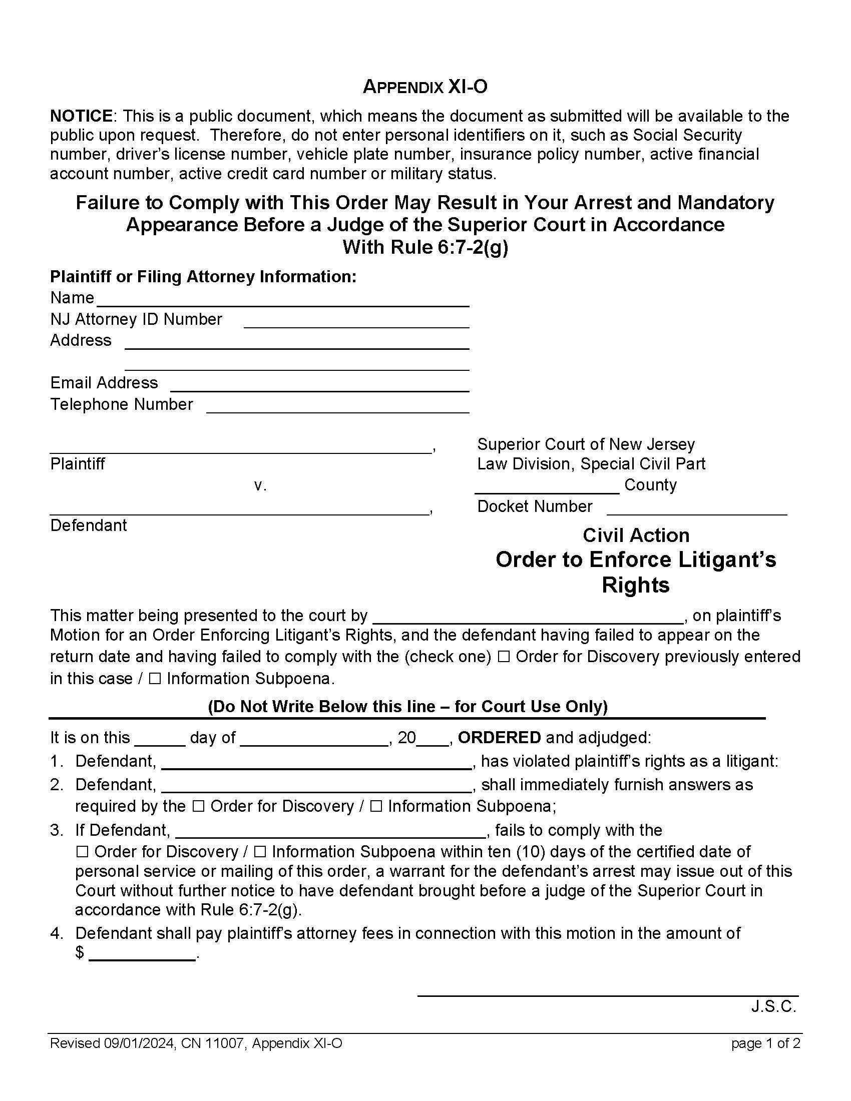 Civil Action Order To Enforce Litigants Rights Appendix XI-O {11007} | Pdf Fpdf Docx | New Jersey