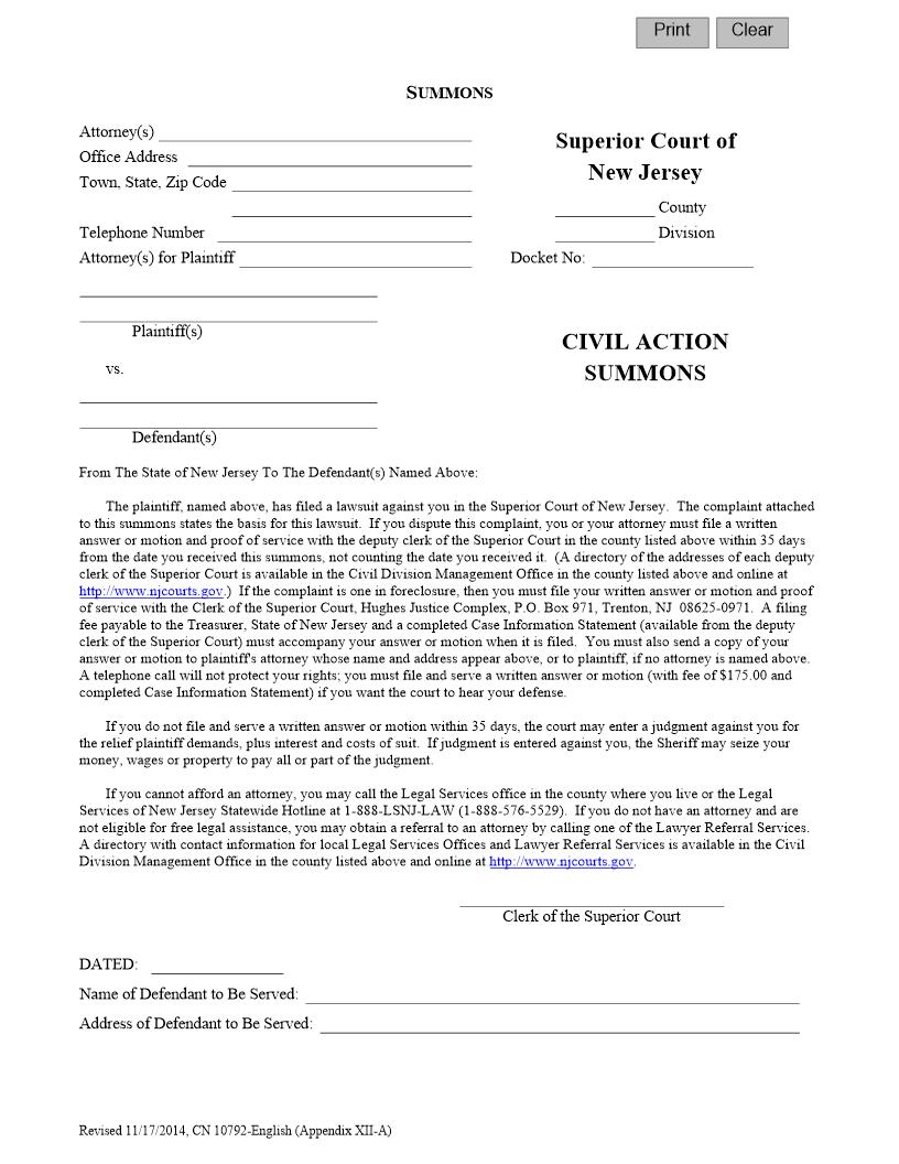 Civil Action Summons {10792} | Pdf Fpdf Docx | New Jersey