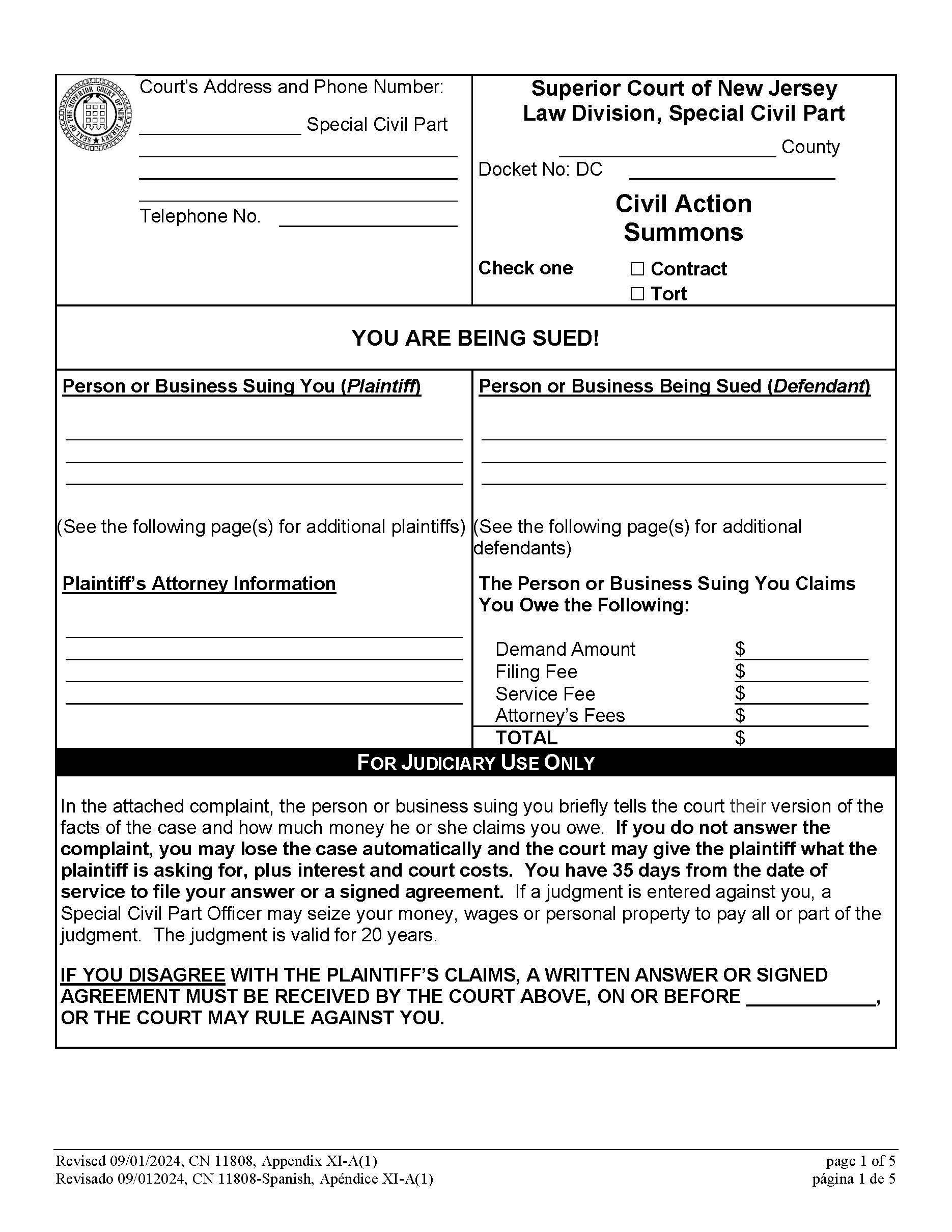 Civil Action Summons {11808} | Pdf Fpdf Docx | New Jersey