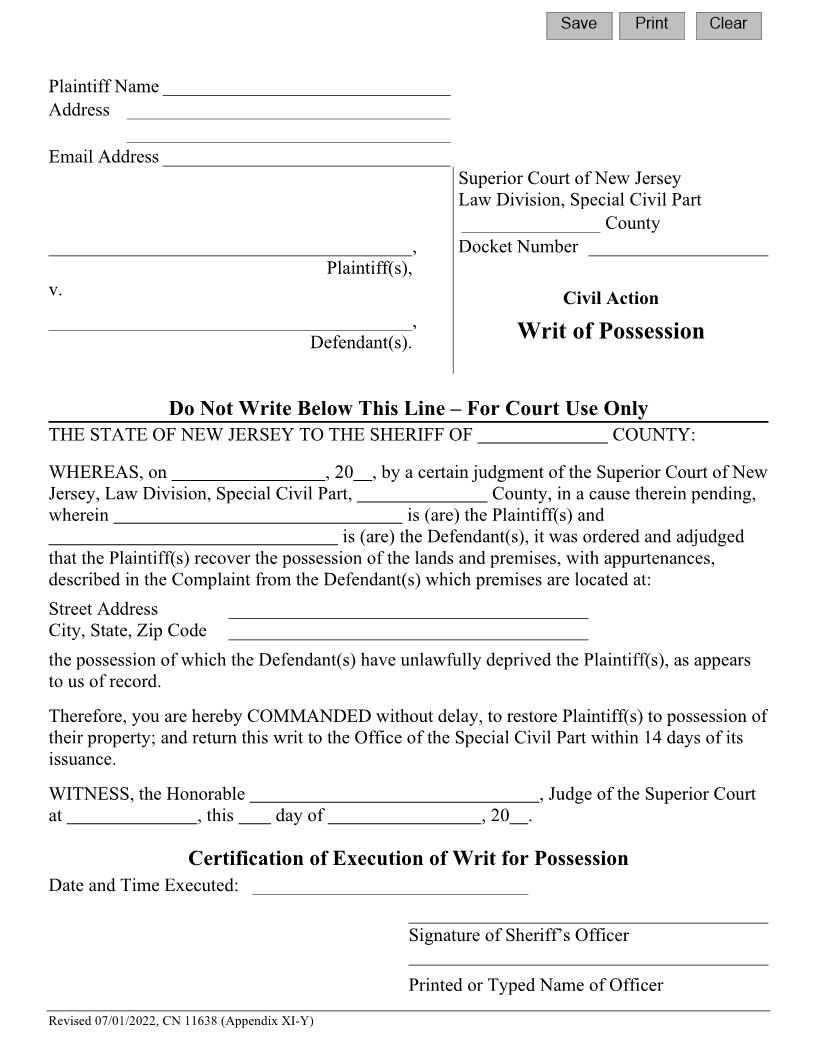 Civil Action Writ Of Possession {11638} | Pdf Fpdf Docx | New Jersey