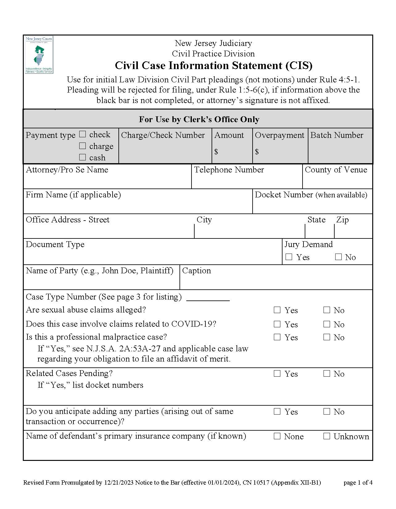 Civil Case Information Statement {10517} | Pdf Fpdf Docx | New Jersey