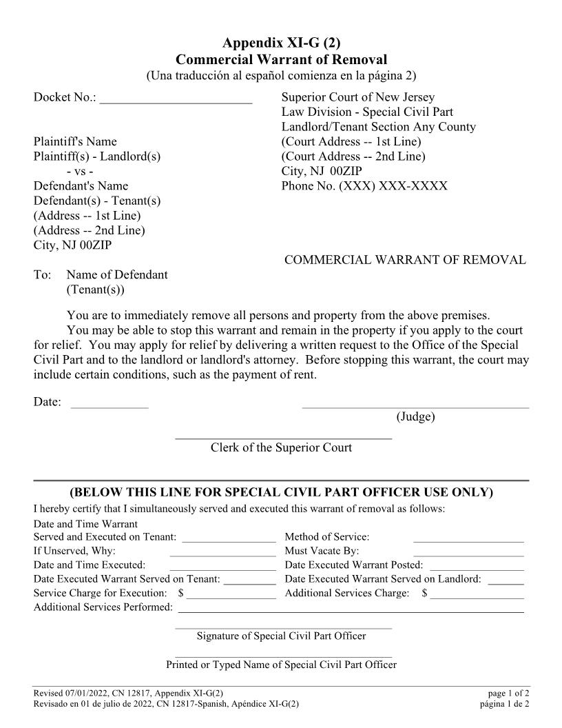 Commercial Warrant Of Removal Appendix XI-G(2) {12817} | Pdf Fpdf Docx | New Jersey