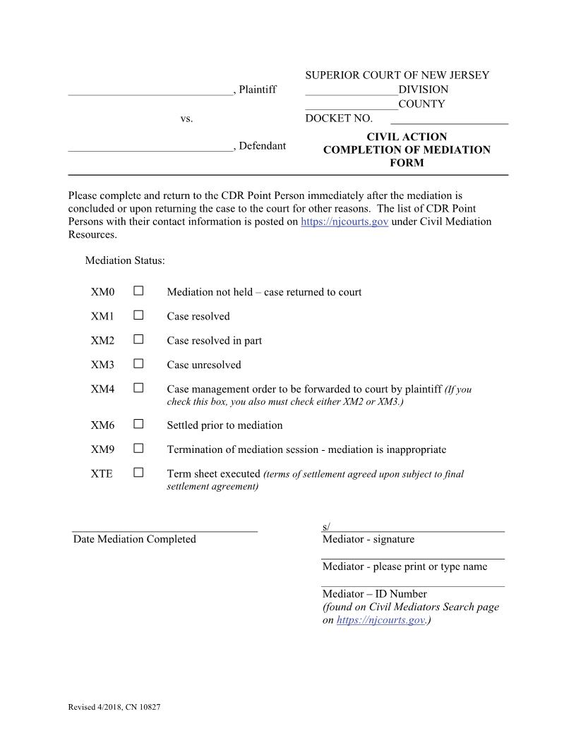 Completion Of Mediation Form {10827} | Pdf Fpdf Docx | New Jersey