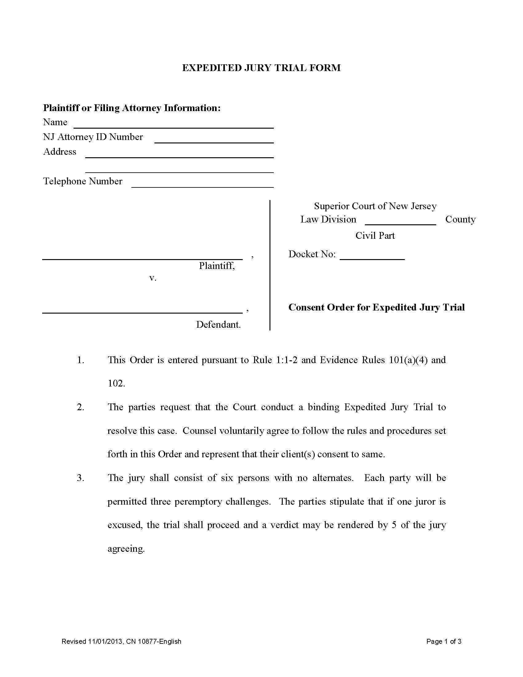 Consent Order For Expedited Jury Trial {10877} | Pdf Fpdf Doc Docx | New Jersey