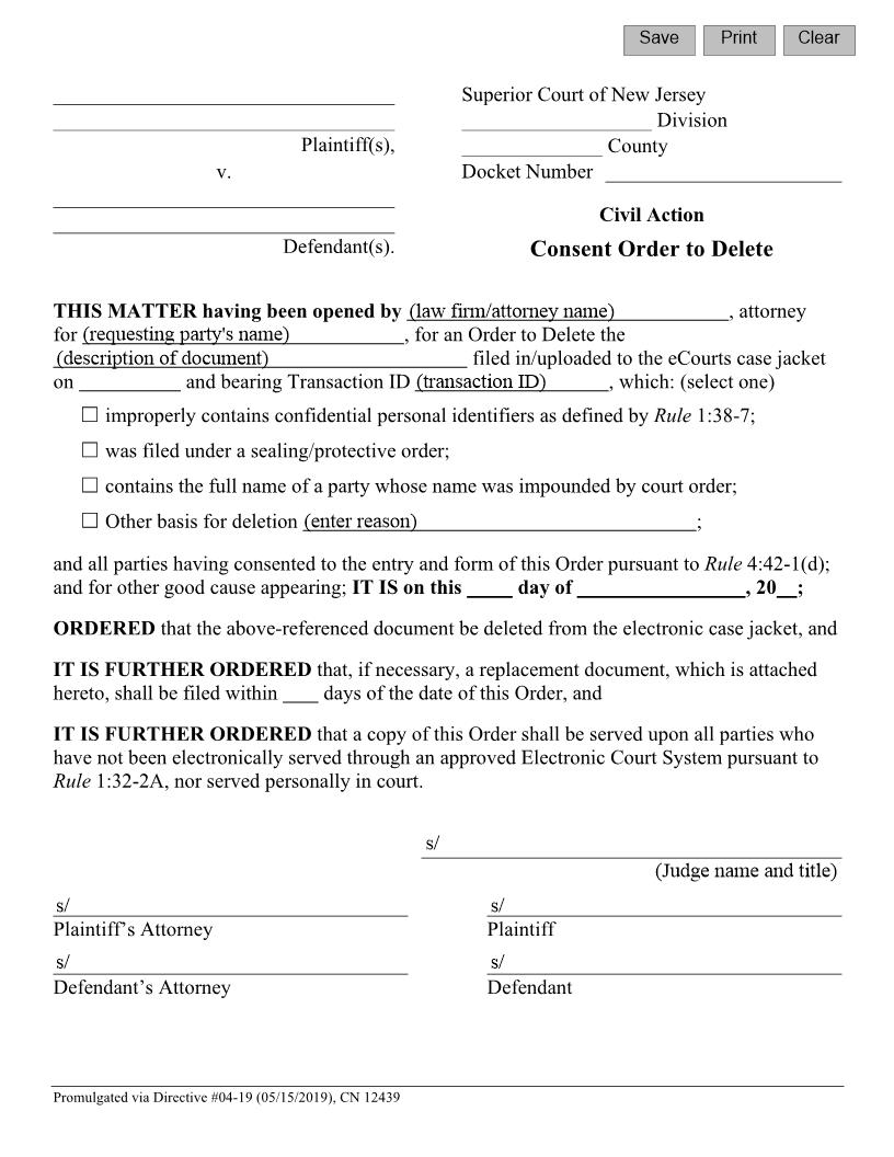 Consent Order To Delete {12439} | Pdf Fpdf Docx | New Jersey